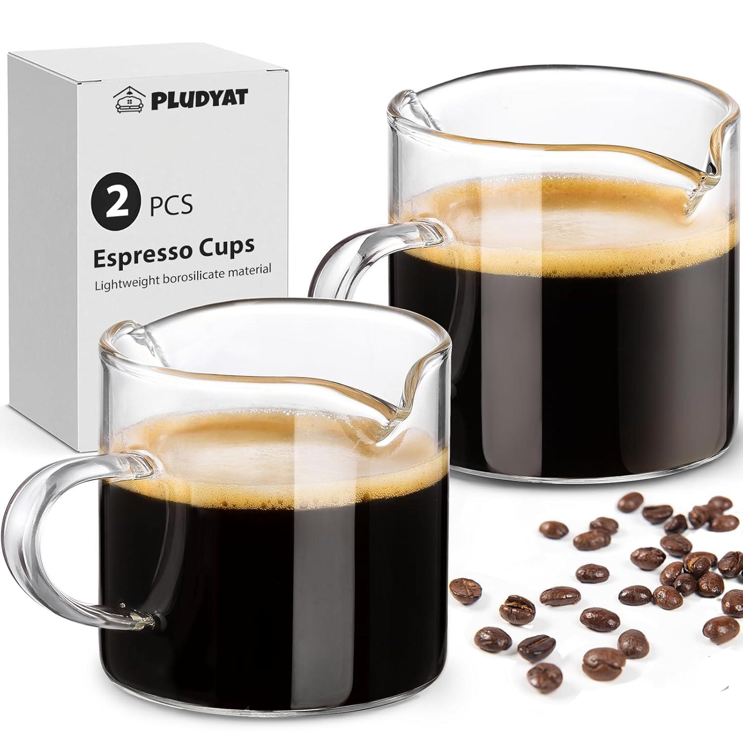 Espresso Cups Set of 2, 4 oz Double Spouts Cup, Espresso Shot Glasses with Handle, V-Shaped Spout Milk Cup, Borosilicate Glass, Mini Clear Glasses for Coffee Bar, Machine Accessories