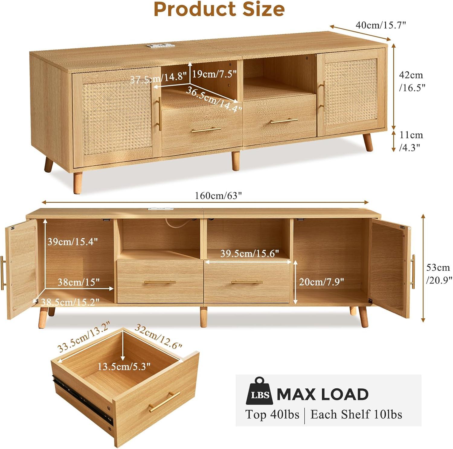 Natural Wood and Rattan TV Stand with LED Lights