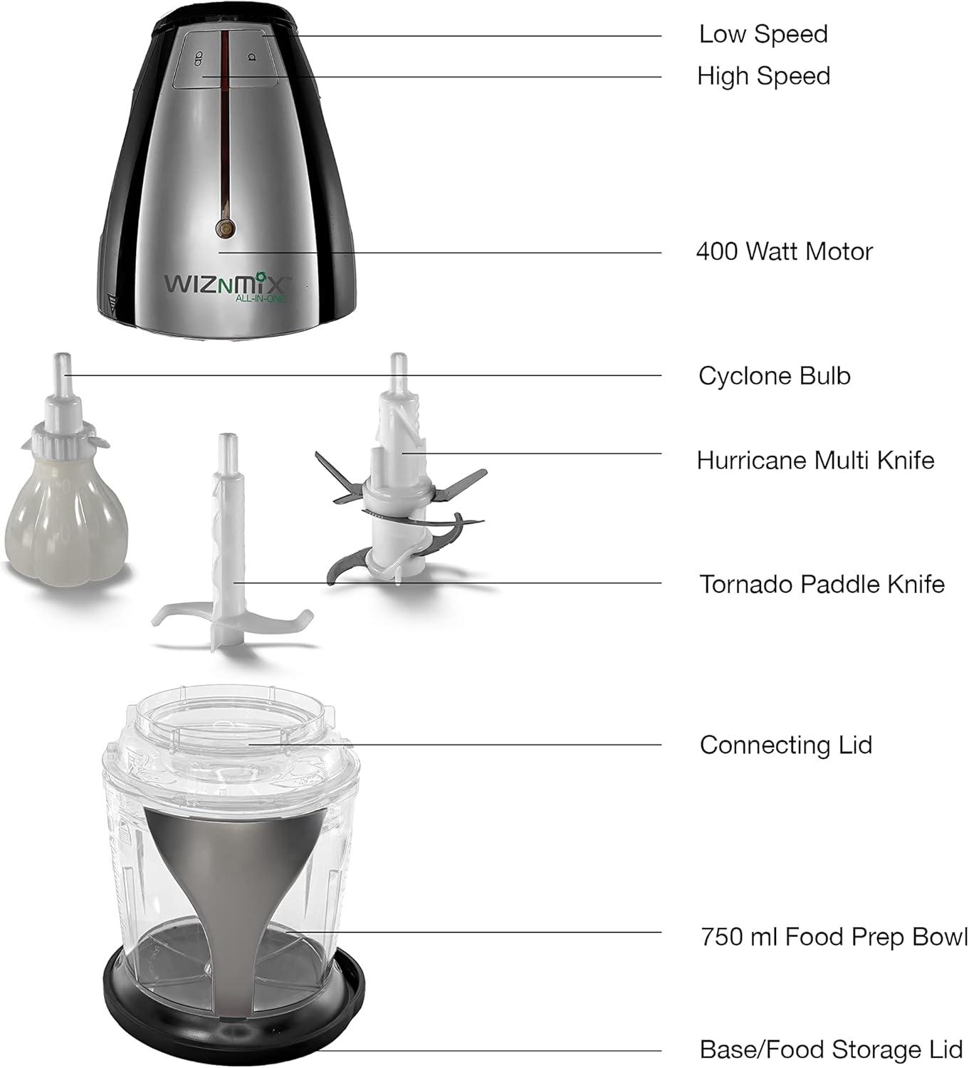 Salton WizNMix All-in-One Food Processor, Chopper & Blender for Mixing, Purees, Whipping, 750 ml Capacity, Black (FP2102BK)