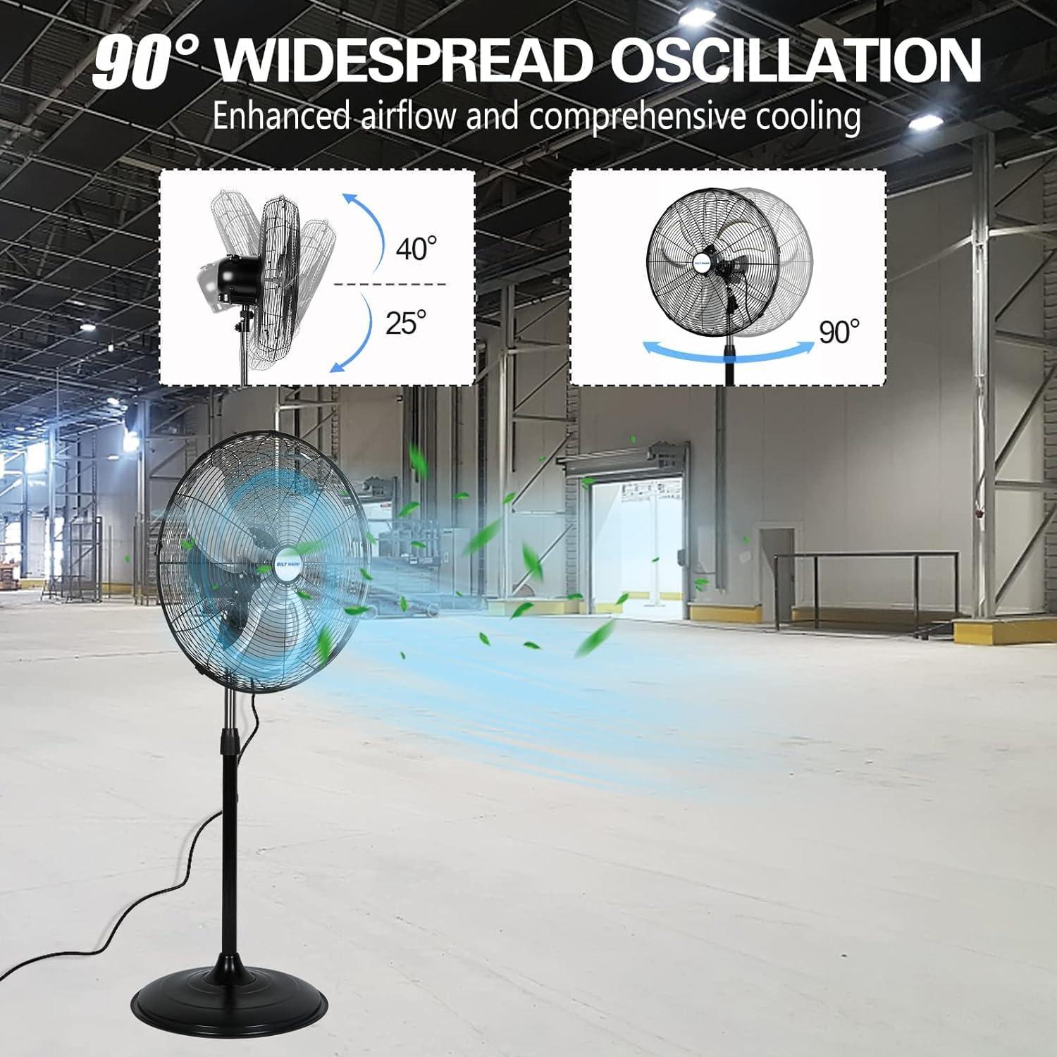BILT HARD 5200 CFM 20" High Velocity Pedestal Fan, 3-Speed Industrial Oscillating Stand Fan with Aluminum Blades, Heavy Duty Standing Shop Fan for Commercial, Residential, and Garage