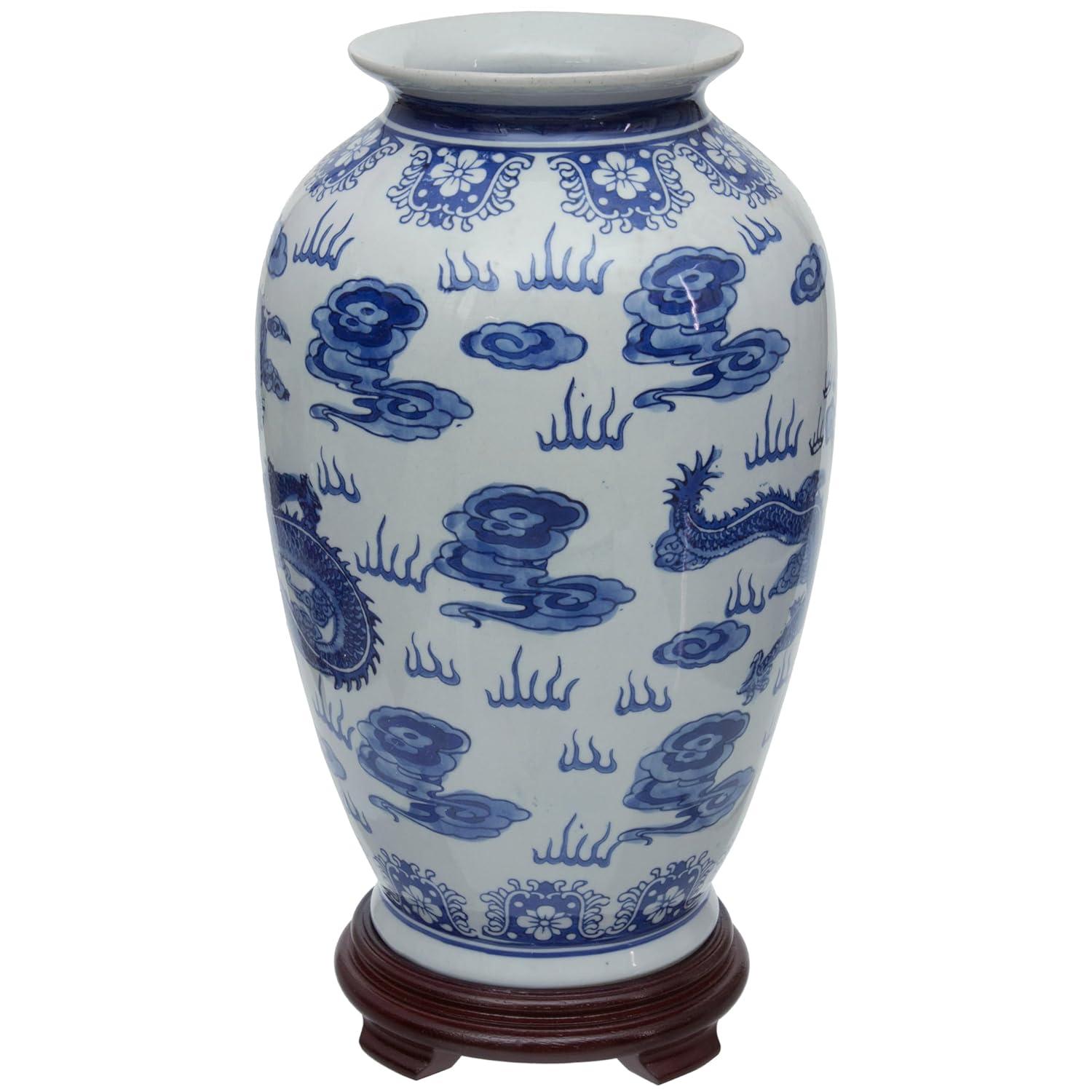 14" Dragon Blue & White Porcelain Tung Chi Vase