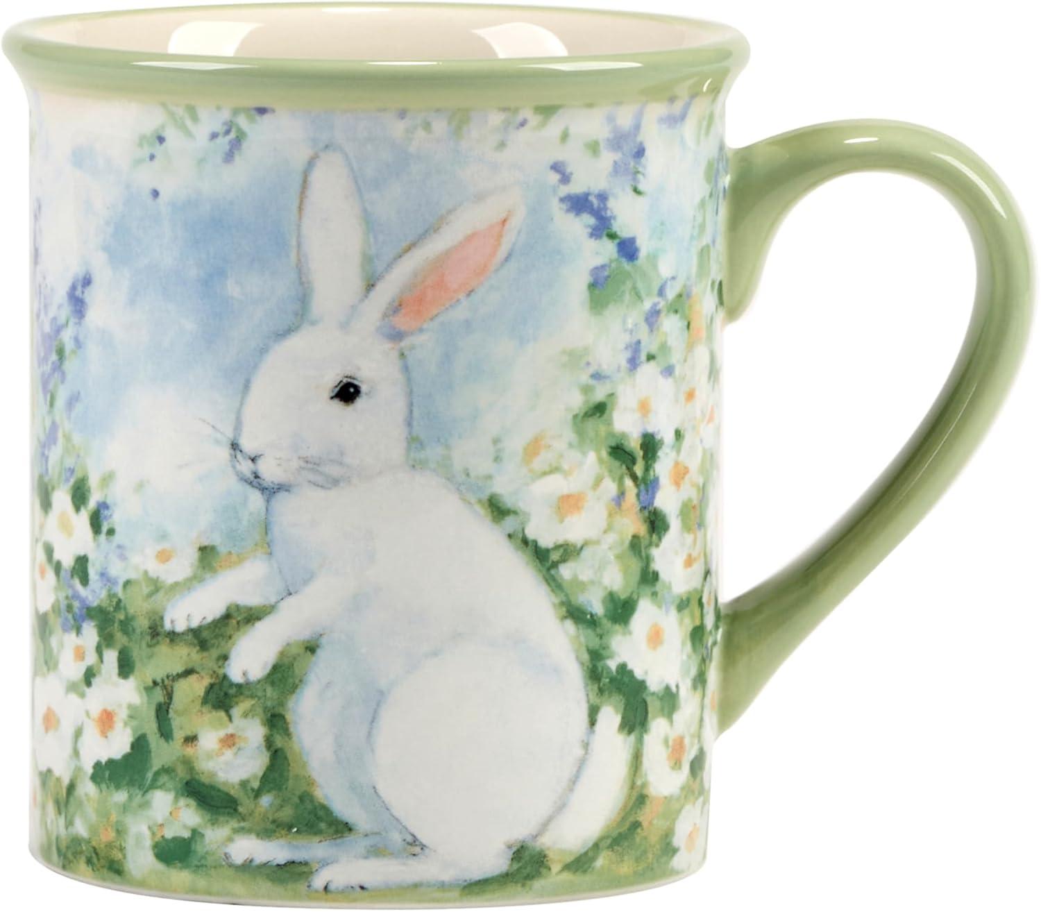 Springtime Bunny Blue Ceramic 18 oz Mugs, Set of 4