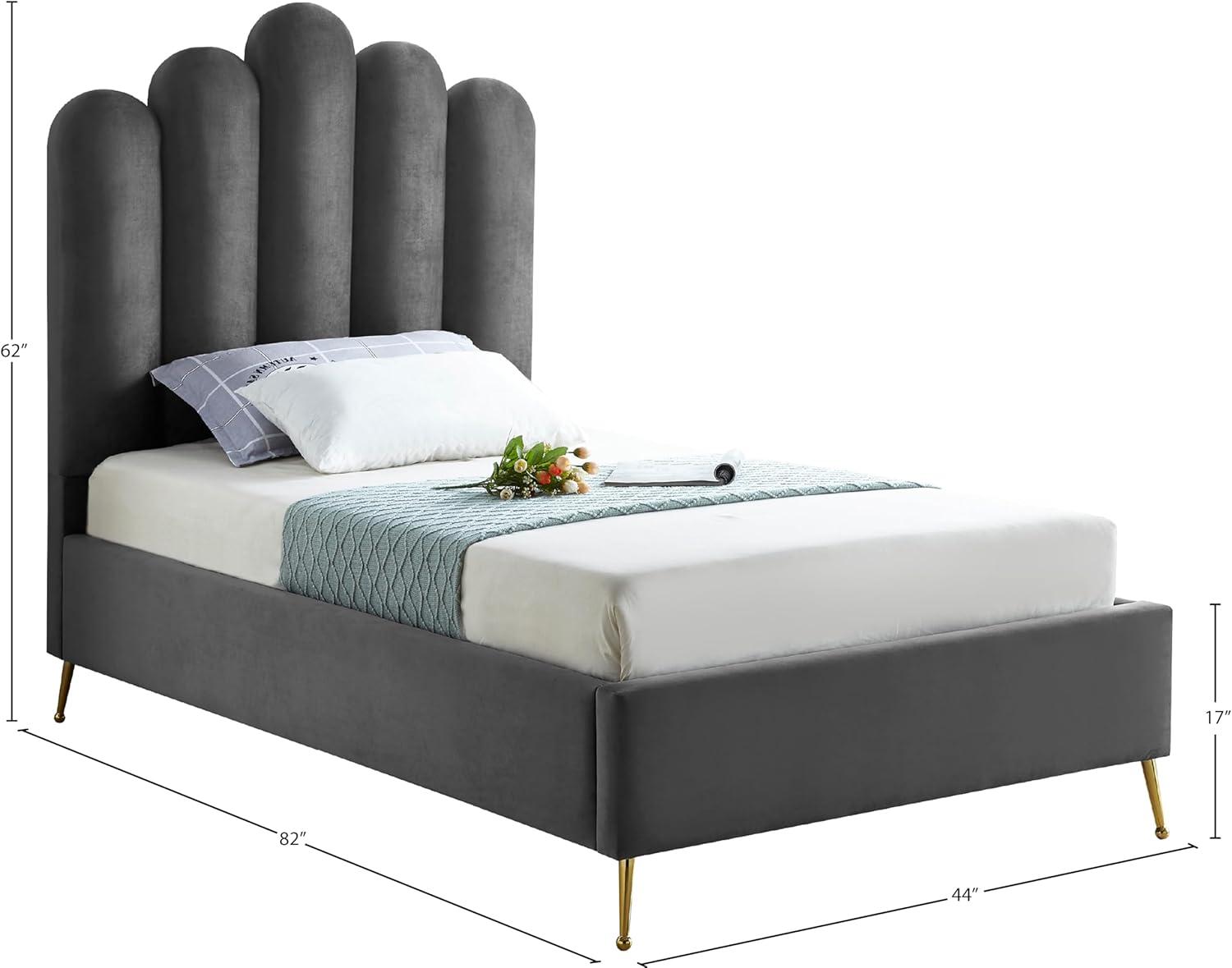Meridian Furniture Lily Collection Modern | Contemporary Velvet Upholstered Bed with Deep Channel Tufting and Custom Gold Steel Legs, Twin, Grey