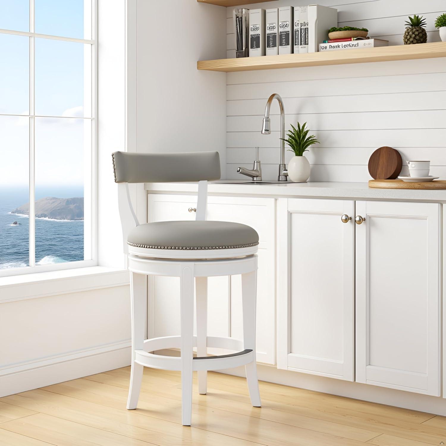 Alaterre Hanover Swivel Counter Height Bar Stool, 26-Inch Seat Height, White and Gray, Solid Rubberwood Frame with Faux Leather Upholstery, Nailhead Trim, Memory Return Swivel Mechanismv
