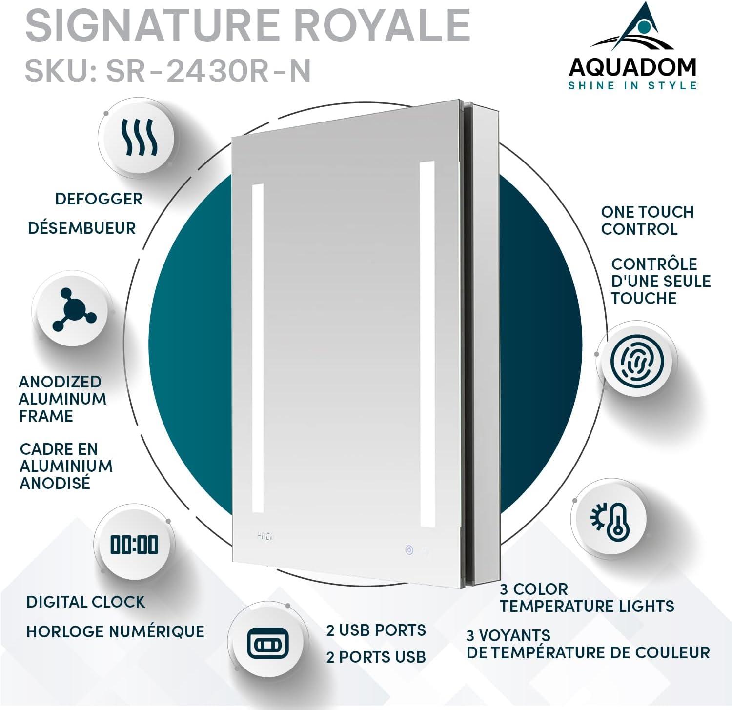 AQUADOM Signature Royale LED Medicine Cabinet, Defogger, LED 3X Makeup Mirror, Electrical Outlets