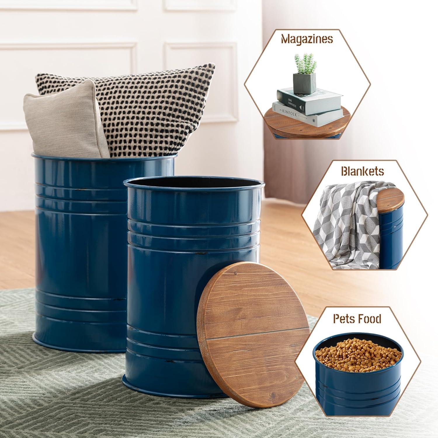 Glitzhome  Industrial Farmhouse Round Storage Side Tables (Set of 2) Solid Navy Blue Seating, Hidden Storage Side Tables