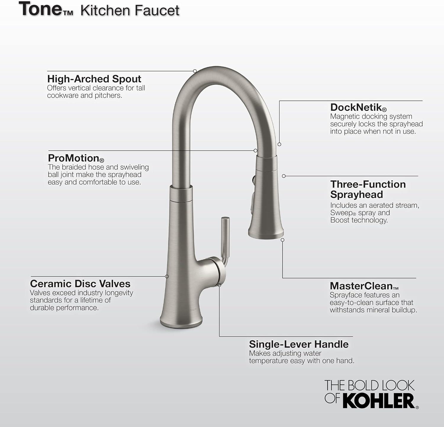 Tone Single Handle Pull Down Kitchen Sink Faucet with Three-Function Pull Down Sprayer