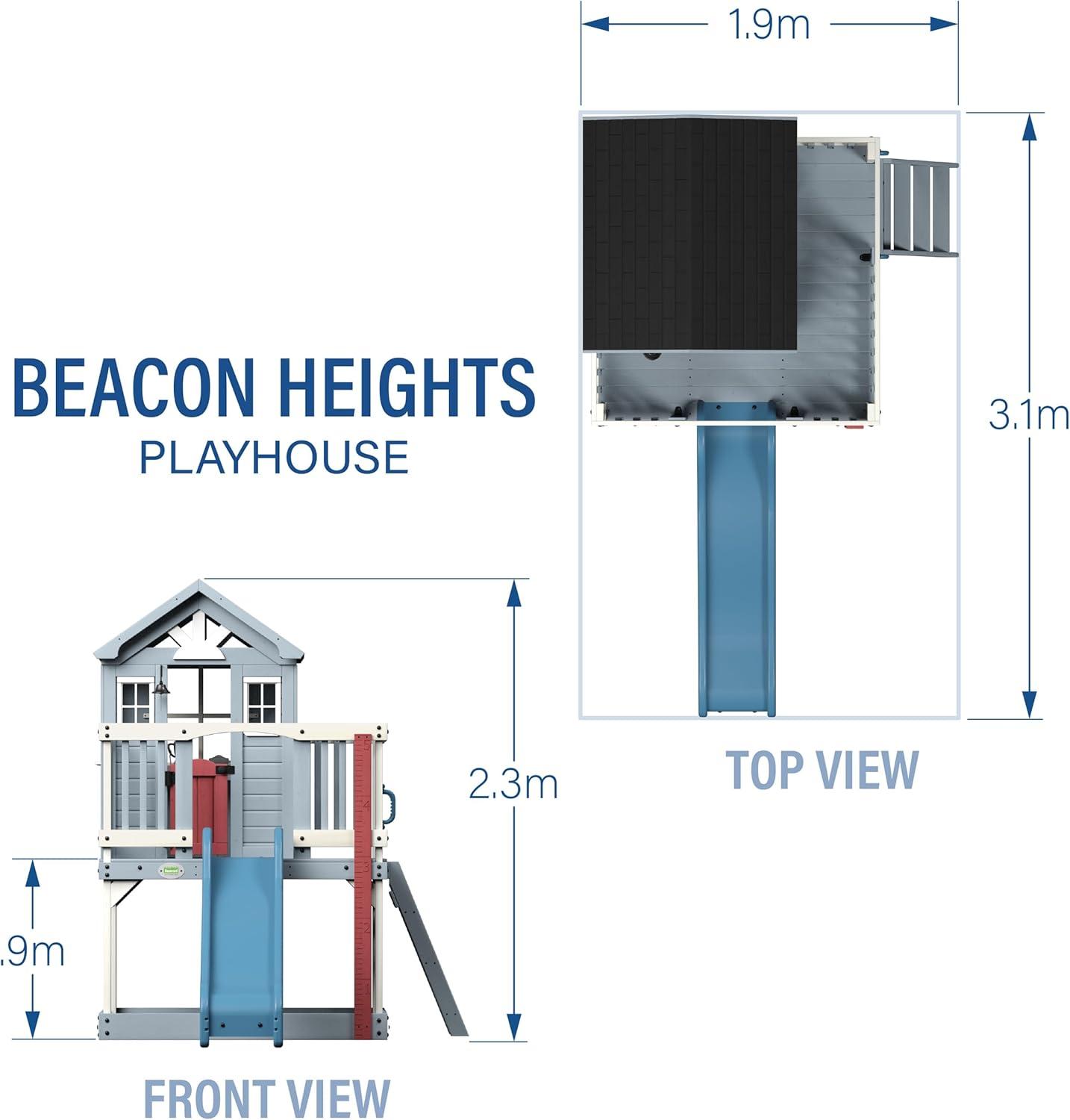 Backyard Discovery Backyard Discovery Beacon Heights Cedar Wooden Elevated Kids Playhouse with Wave Slide, Play Kitchen, and Deck