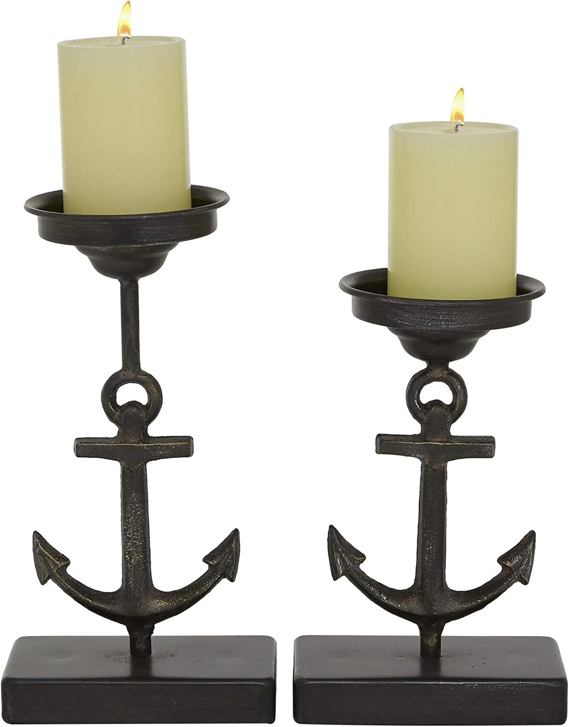 Olivia & May Set of 2 Metal Candle Holders with Ship Anchor Design - : Coastal Style Iron Pillar Candlestand Set