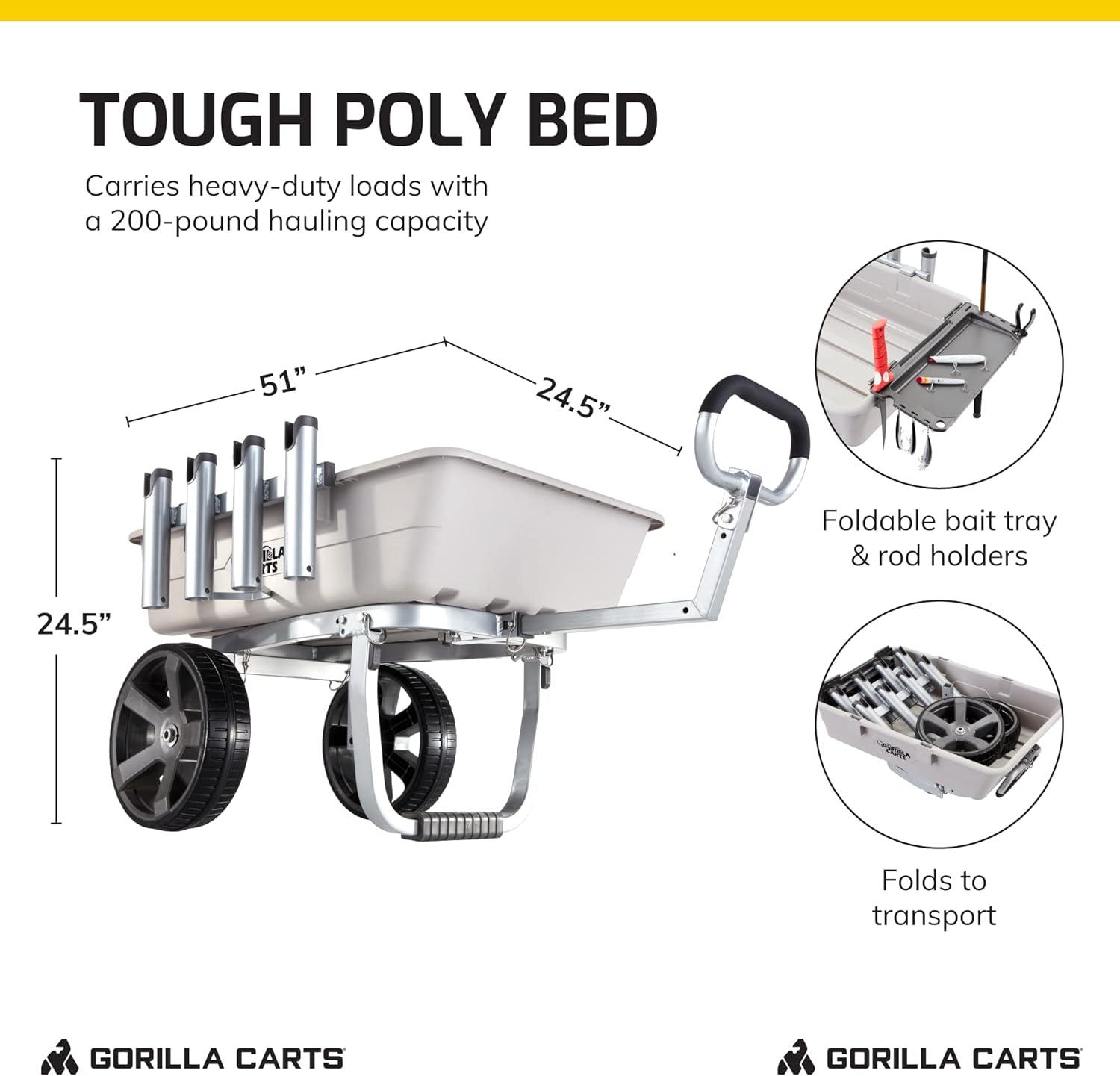 Gorilla Carts 200 Pound Capacity Foldable Heavy Duty Poly Fishing and Marine Outdoor Sporting Goods Utility Cart with Rod Holders and Bait Tray, Gray