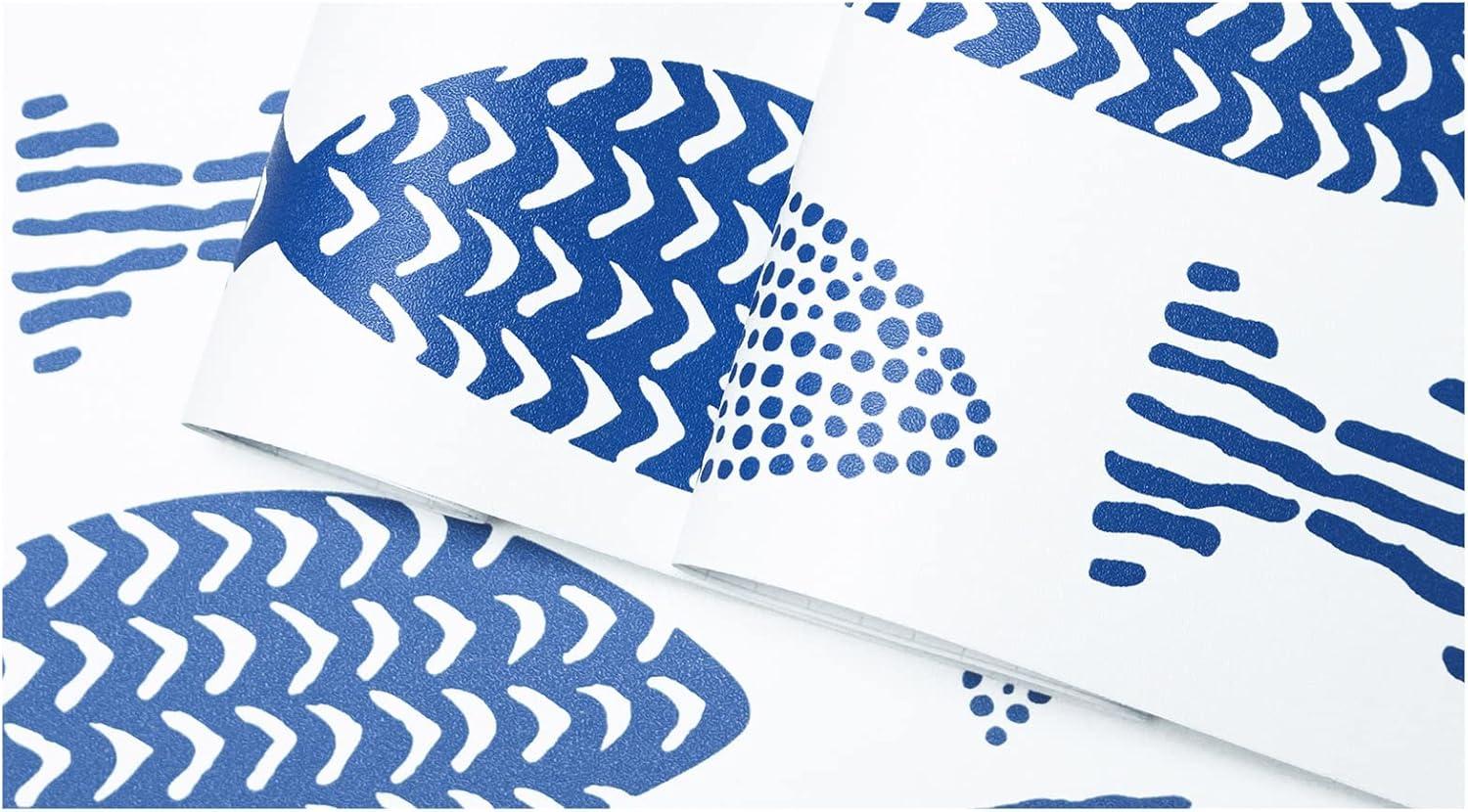 HAOKHOME Peel and Stick Wallpaper Coastal Fish Abstract Underwater World Trellis Navy Blue Removable Contact Paper for Home Bathroom Decorations 17.7in x 32.8ft