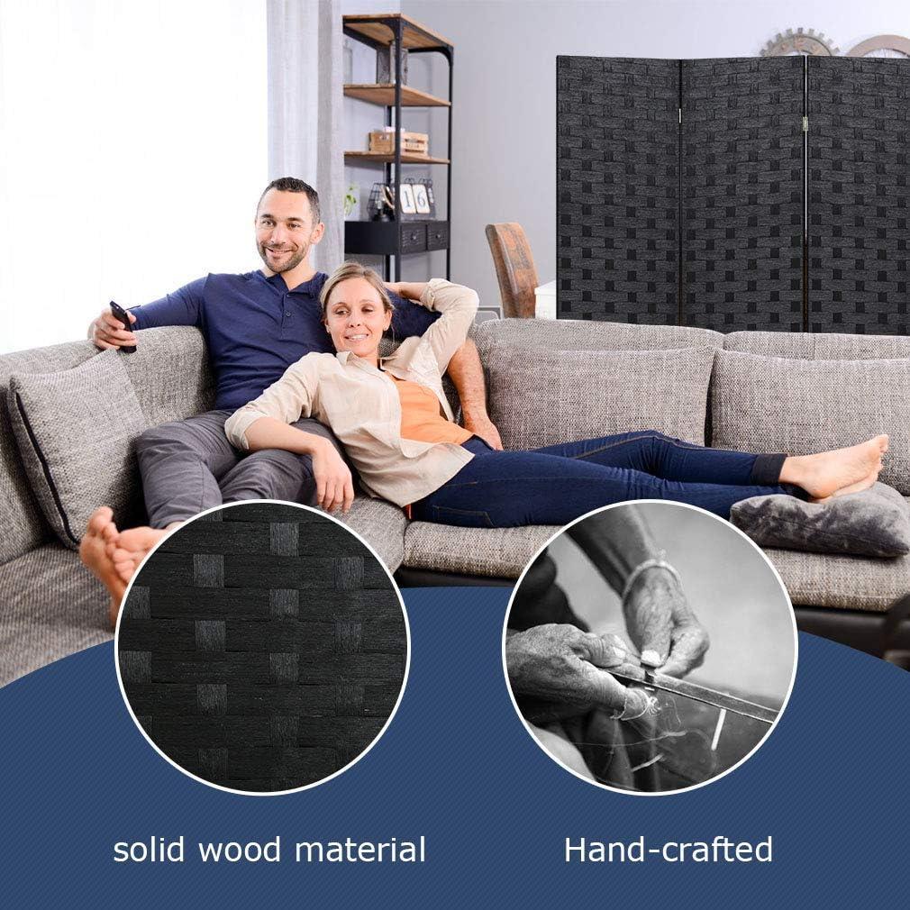 Black 4-Panel Foldable Woven Wood Privacy Screen