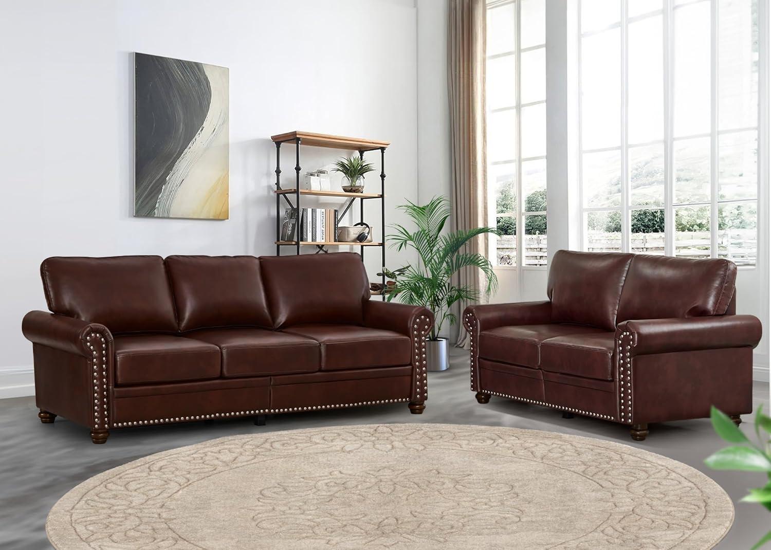 Burgundy Faux Leather 2-Piece Sofa Set with Storage and Rolled Arms