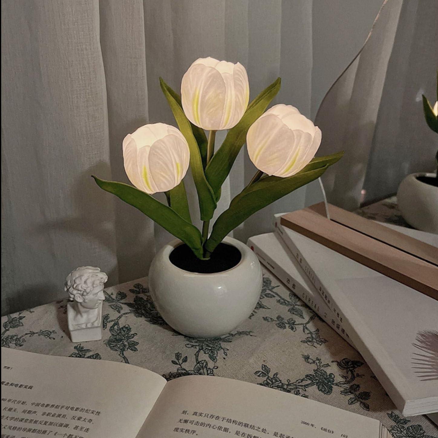 Flower Table Lamp Tulip Desk LED Night Light Heads Artificial Flower Lamp Small Desk Decor Lamp Desk Tablefor Bedroom Bedside Lamp Ambient Light Decor (White-USB)