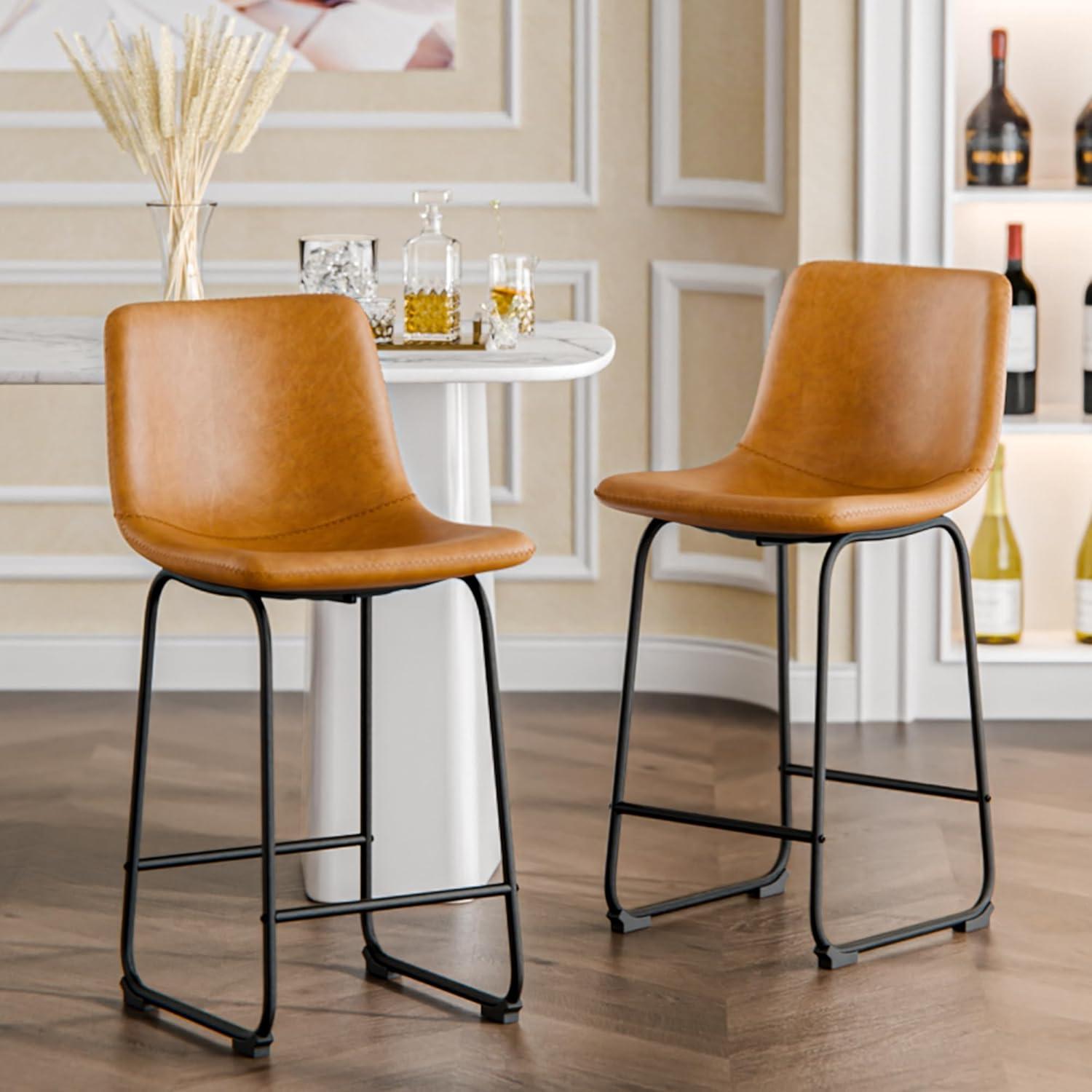 WM 26 inch Counter Height Bar Stools Set of 4, Modern Faux Leather High Barstools with Back and Metal Leg, Bar Chairs for Indoor & Outdoor, Brown