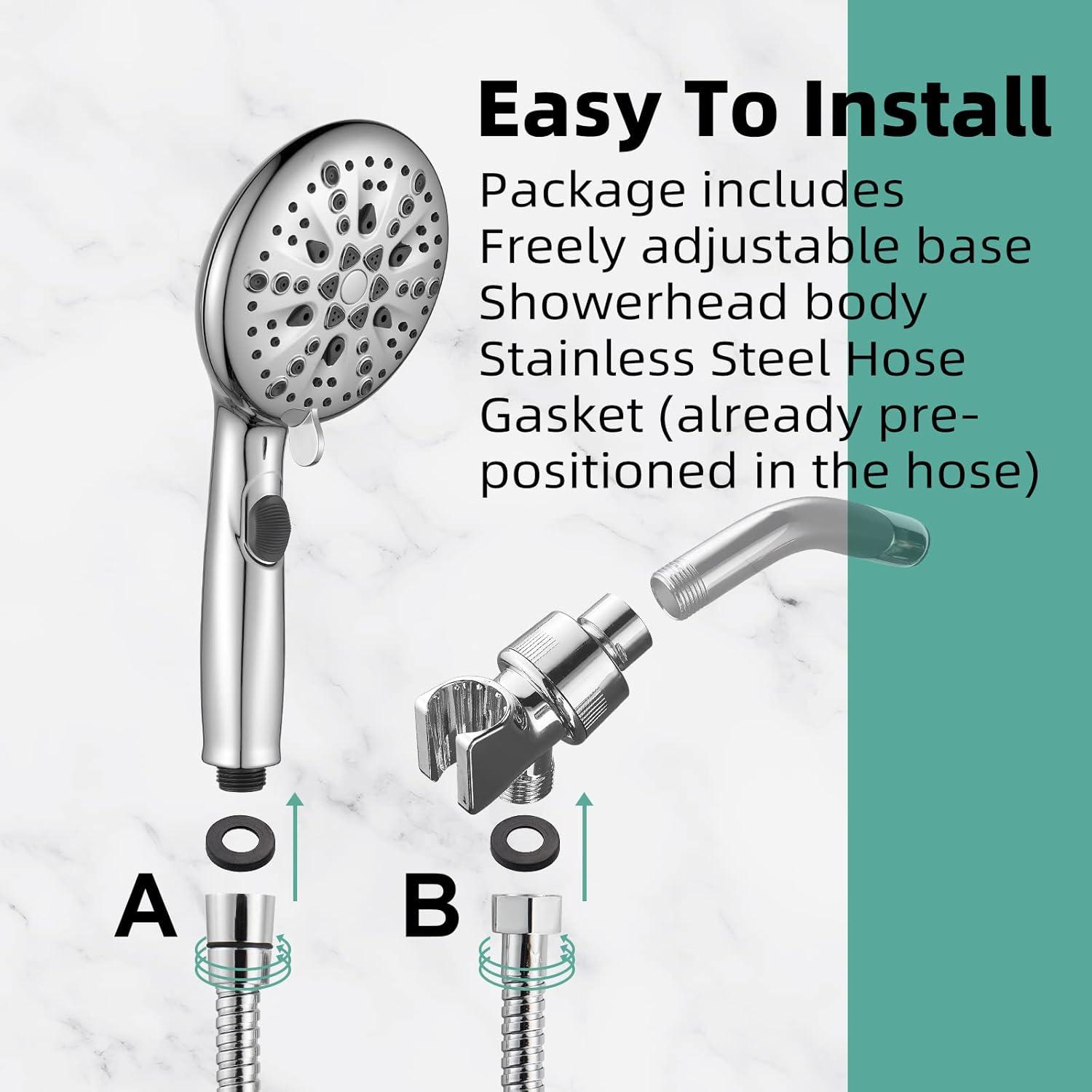 Chrome 9-Setting High Pressure Handheld Shower Head with Stainless Steel Hose