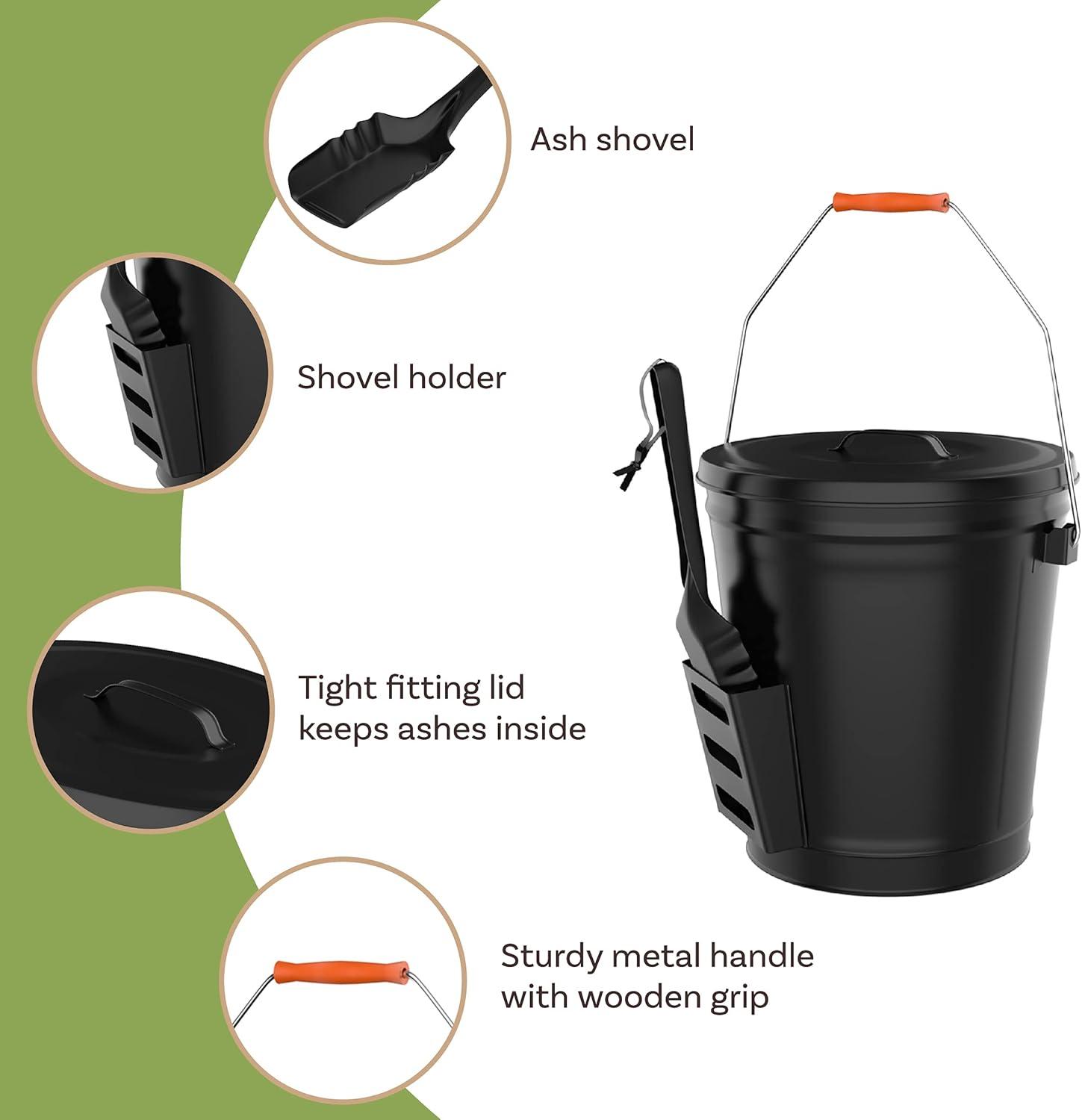 Black Metal Ash Bucket with Lid and Shovel