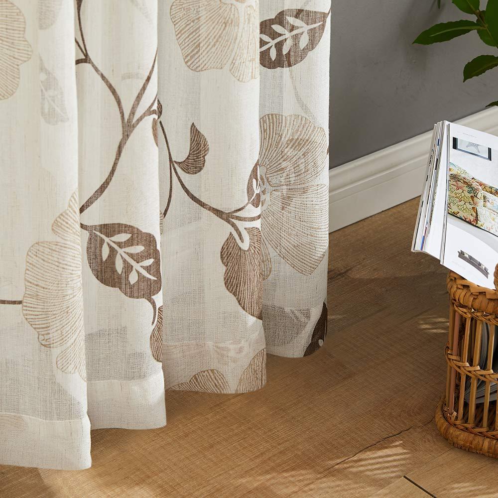 MRTREES Sheer Curtain Panels, Voile Sheer Curtains Drapes Rod Pocket, Flower Printed Embroidery Window Curtain Treatments for Bedroom Living Room Bathroom Window(2 Panels, 54x45 Inches, Brown)