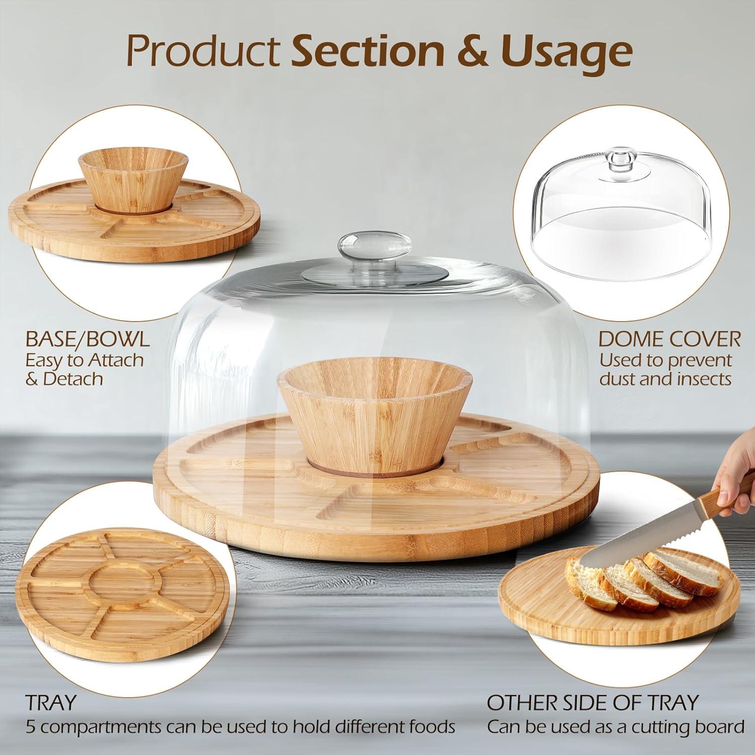 MASTERTOP Cake Stand with Dome Cover - 6 in 1 Cake Stand with Lid, Multi-Functional Wood Serving Platter/Cake Plate/Salad Bowl/Nachos/Punch Bowl, Wedding Cake Stands for Dessert Table