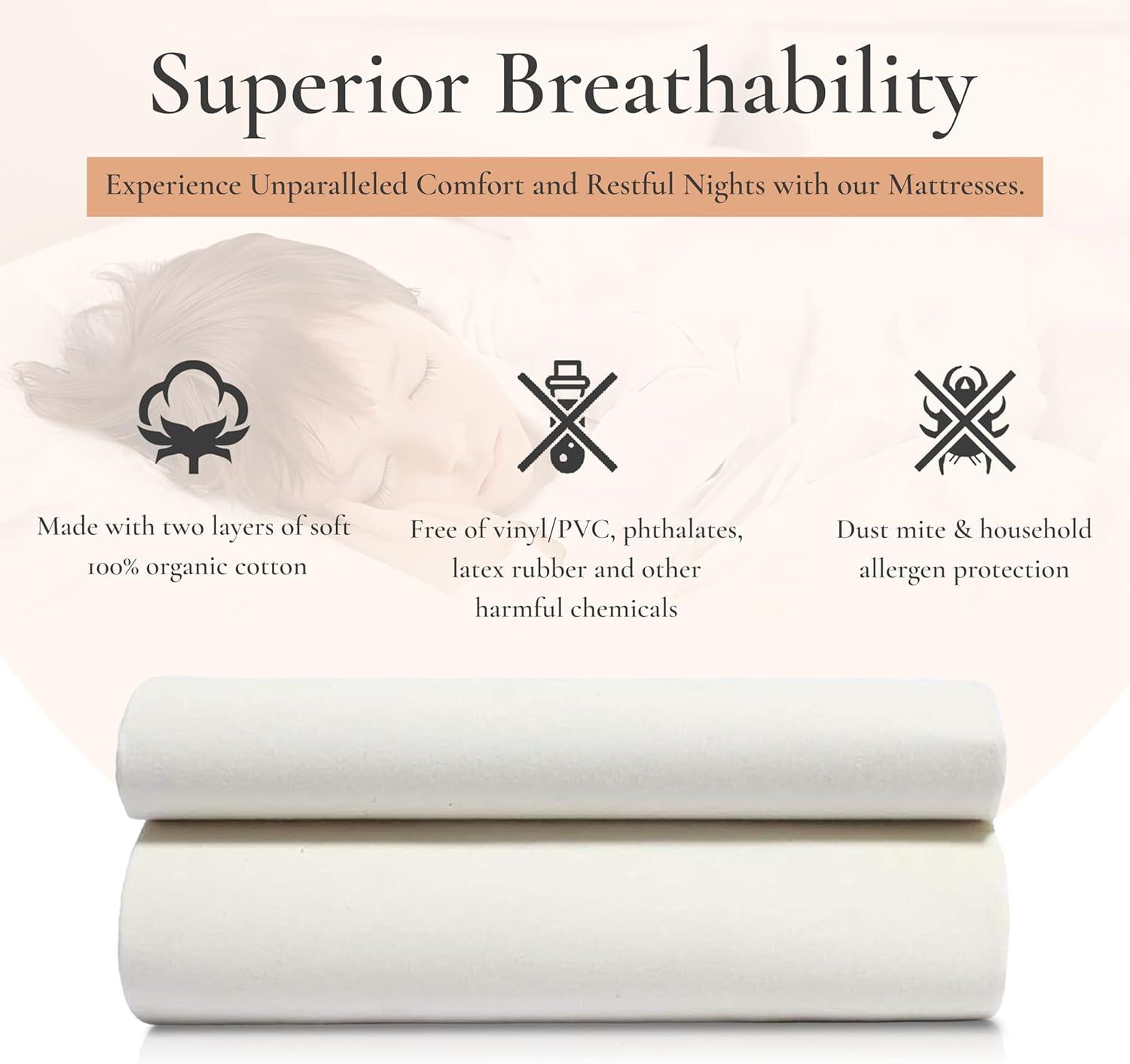 Sleep & Beyond 100% Organic Cotton Waterproof Mattress Protector, Queen, up to 18", Classic Ivory