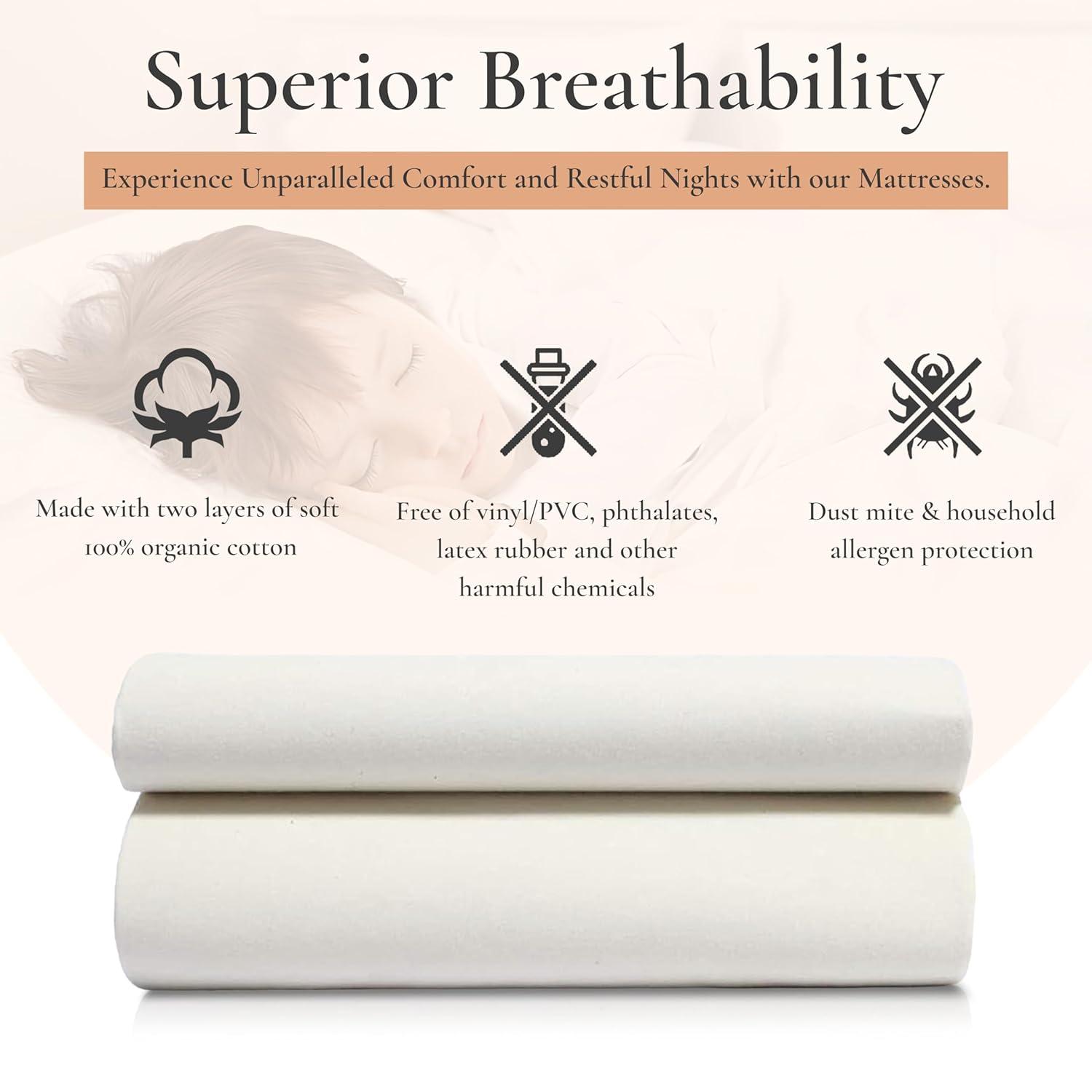 Sleep & Beyond 100% Organic Cotton Waterproof Mattress Protector, Queen, up to 18", Classic Ivory