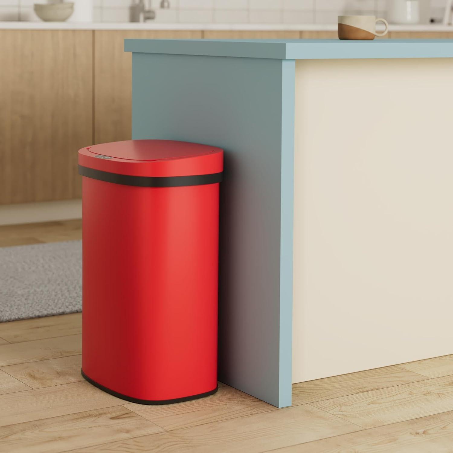 13 Gallon 50L Touch Automatic Stainless Steel Trash Can Garbage Can Metal Trash Bin with Lid for Kitchen Living Room Office Bathroom, Electronic Sensor Automatic Trash Can - Red