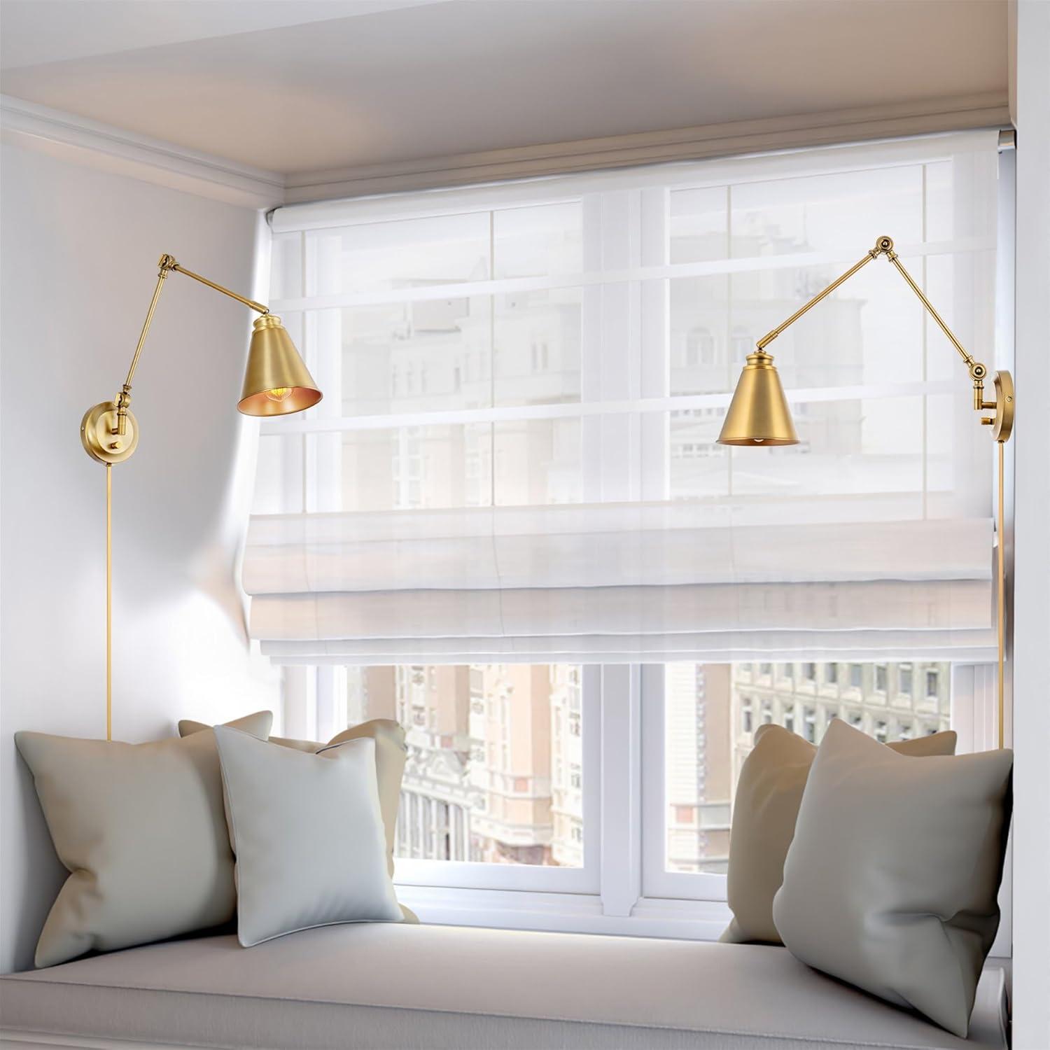 Kira Home Ellis 18" Vintage Industrial Swing Arm Wall Lamp - Plug in/Wall Mount + Cord Covers, Warm Brass Finish, 2-Pack