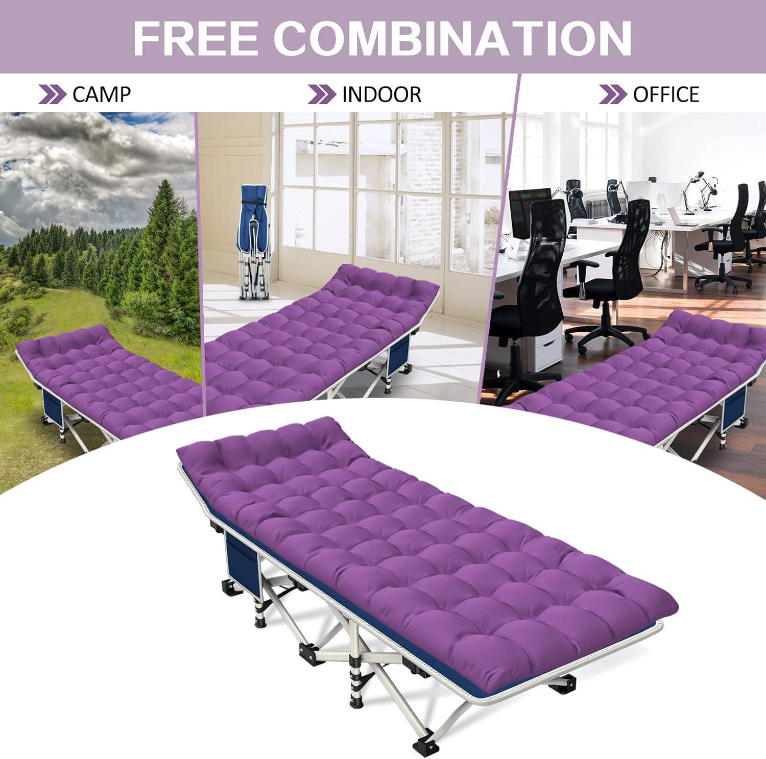 Purple Folding Camping Cot with Comfortable Mattress