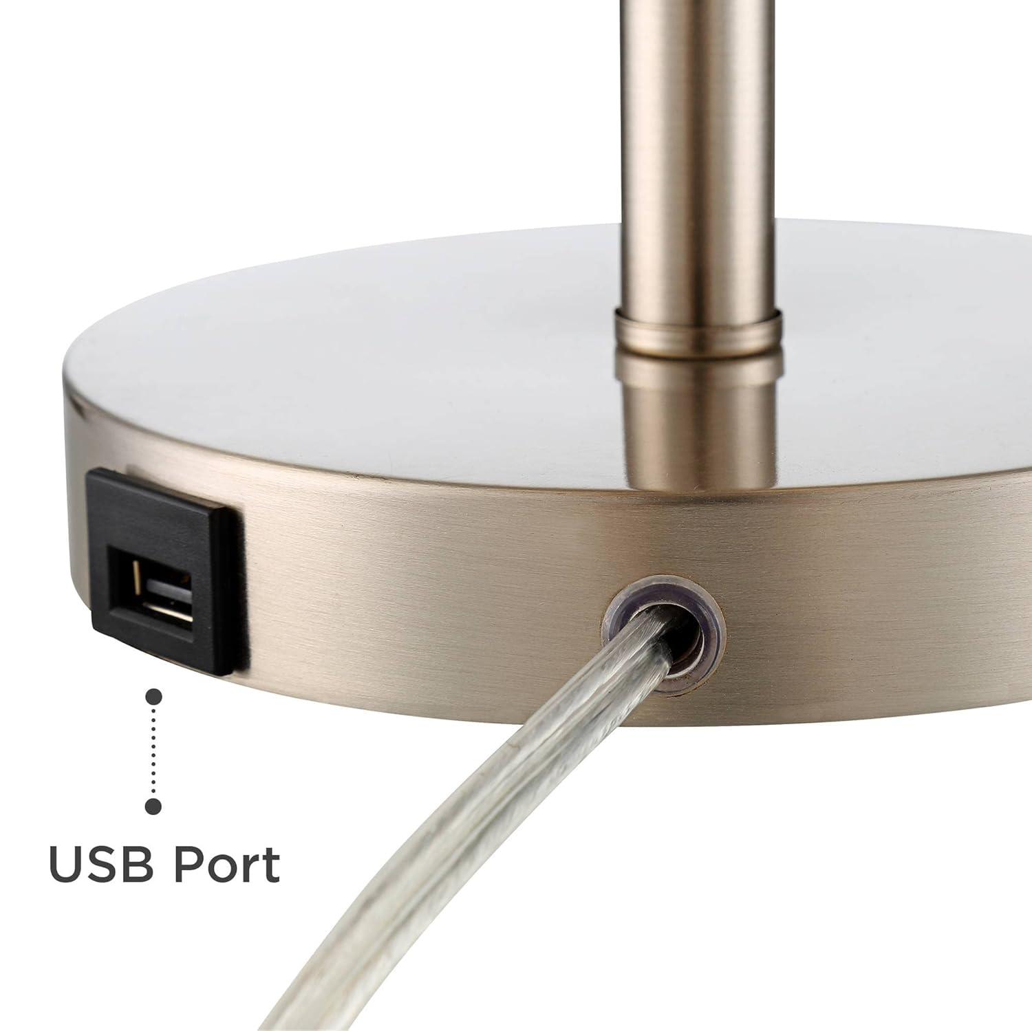 20" Brushed Nickel Table Lamp with White Fabric Shade and USB Port