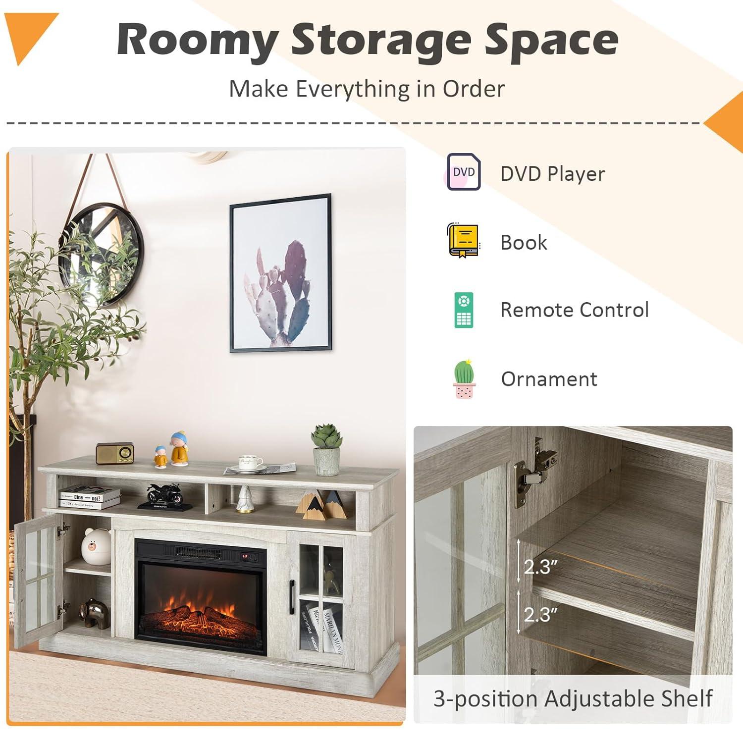 Spaco Fireplace TV Stand for TVs Up to 65 Inch with Side Cabinets and Remote Control-Gray, Mid Century Modern TV Stand for Living Room Bedroom