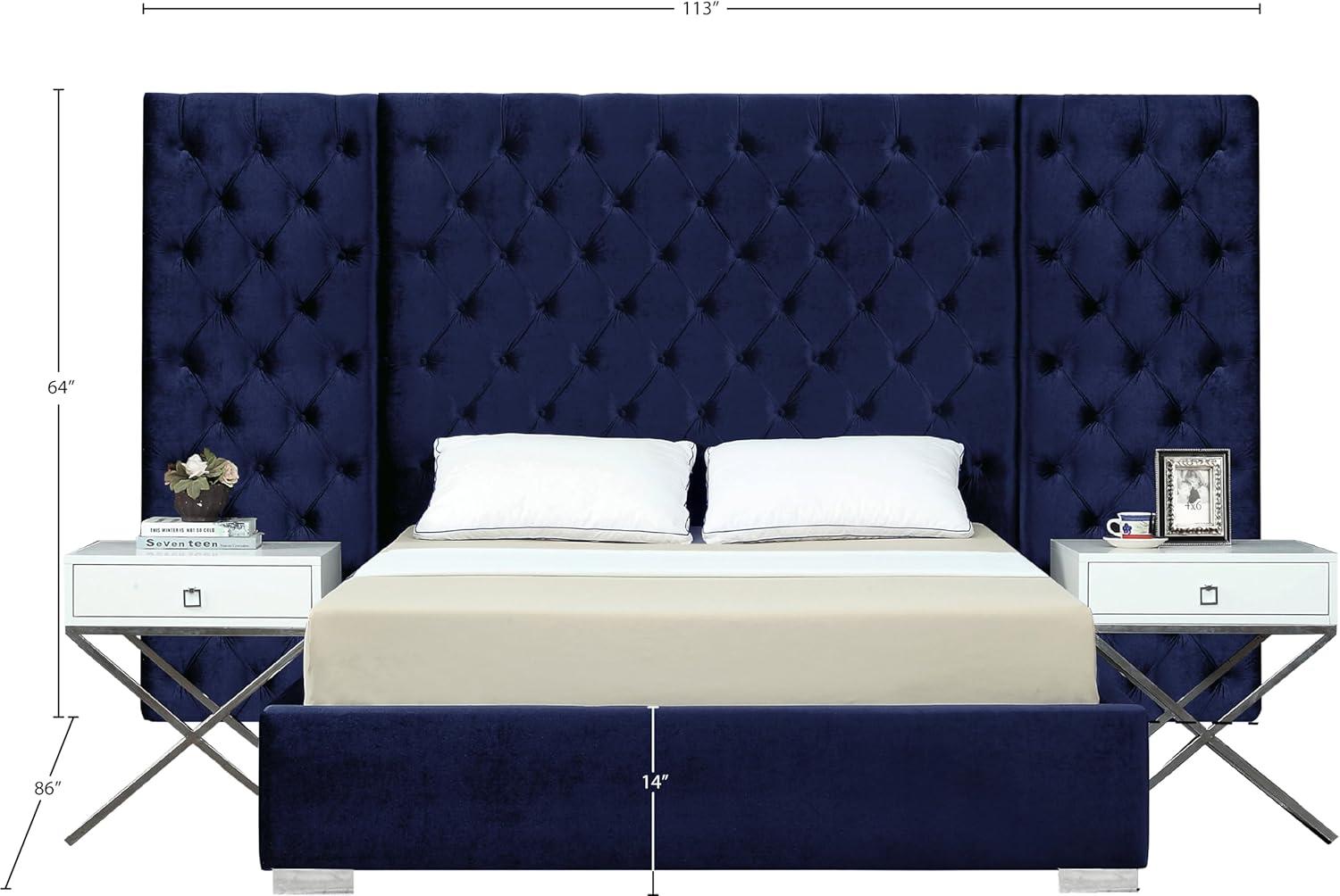 Grande Navy Velvet Queen Bed-Color:Navy Velvet,Style:Contemporary