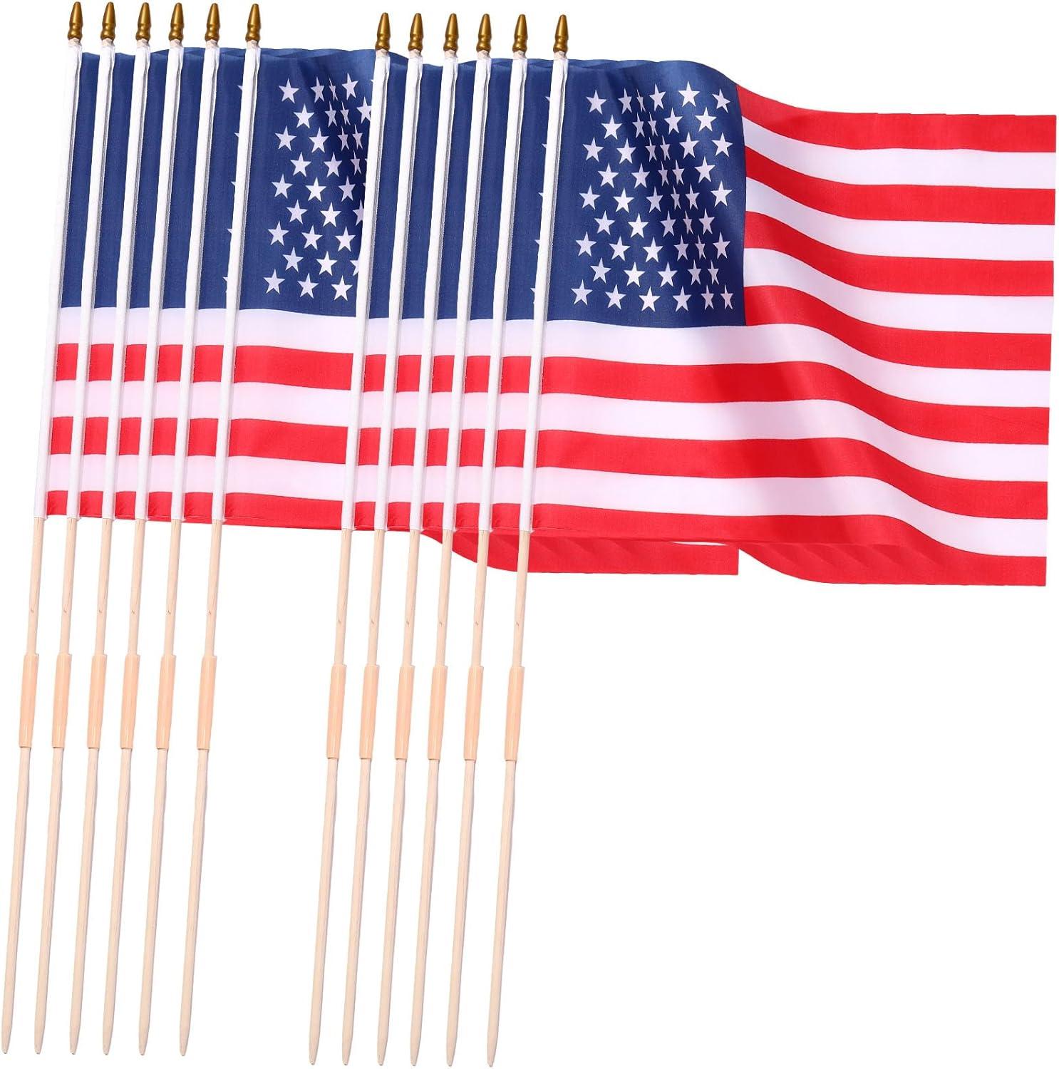 12 Pcs 12x18 Inch American Flags on Stick - Perfect for Memorial Day, 4th of July, Veterans Day Decorations USA Stick Flag with Handheld and Grounded Multi-Purpose Flagpole|Flagsticks USA 12 inch x 18