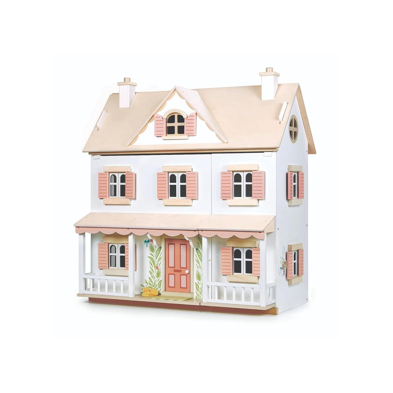 Large White and Pink Wooden Colonial Dollhouse Kit