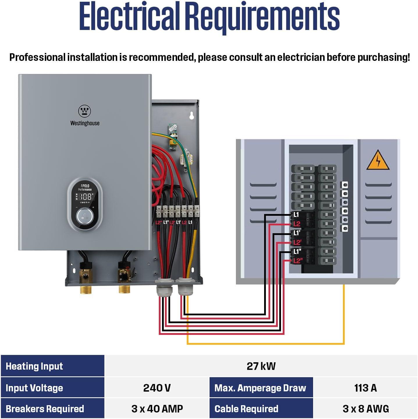 Westinghouse Apolo Performance 27 kW 6.3 GPM 240-Volt Smart WiFi Control Tankless Electric Water Heater