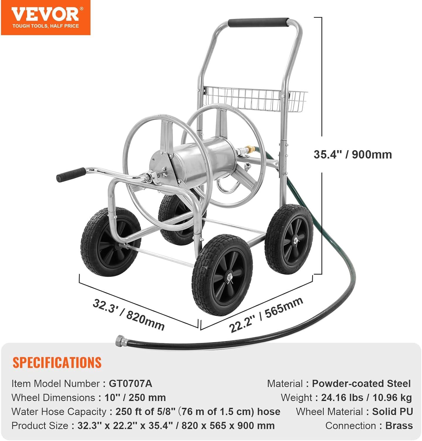 Heavy Duty Silver Steel Garden Hose Reel Cart with Storage Basket