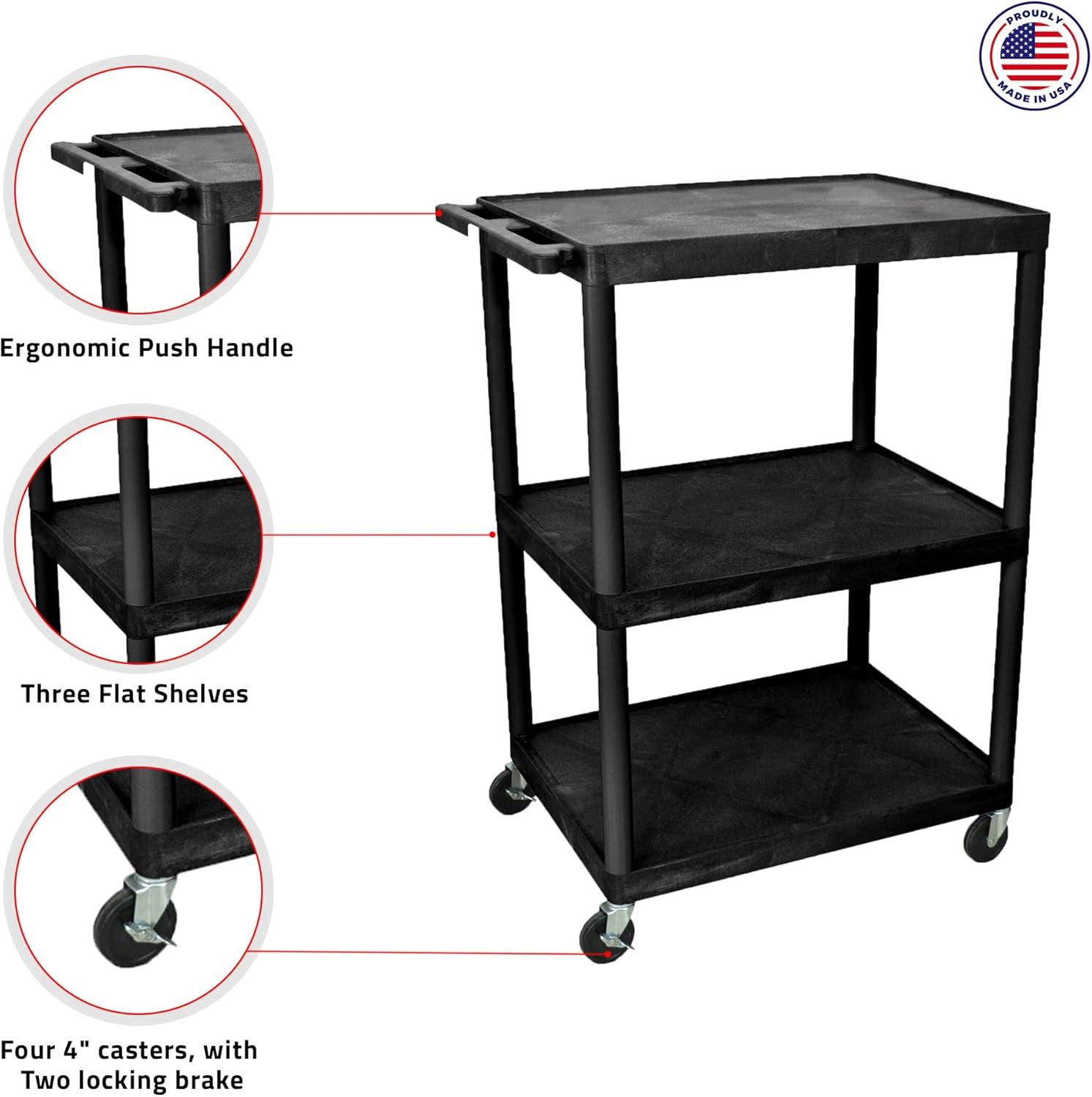 Black 48" Tall 3-Shelf AV Cart with Handle