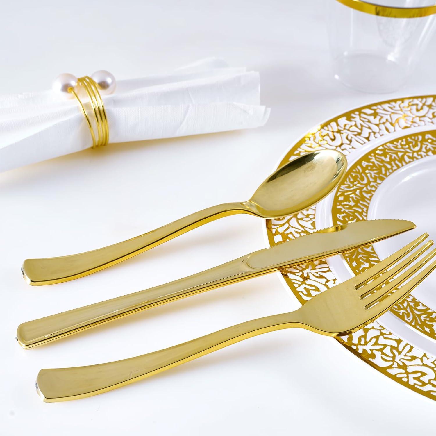 Elegant Gold Lace Disposable Plastic Dinnerware Set, 150 Count