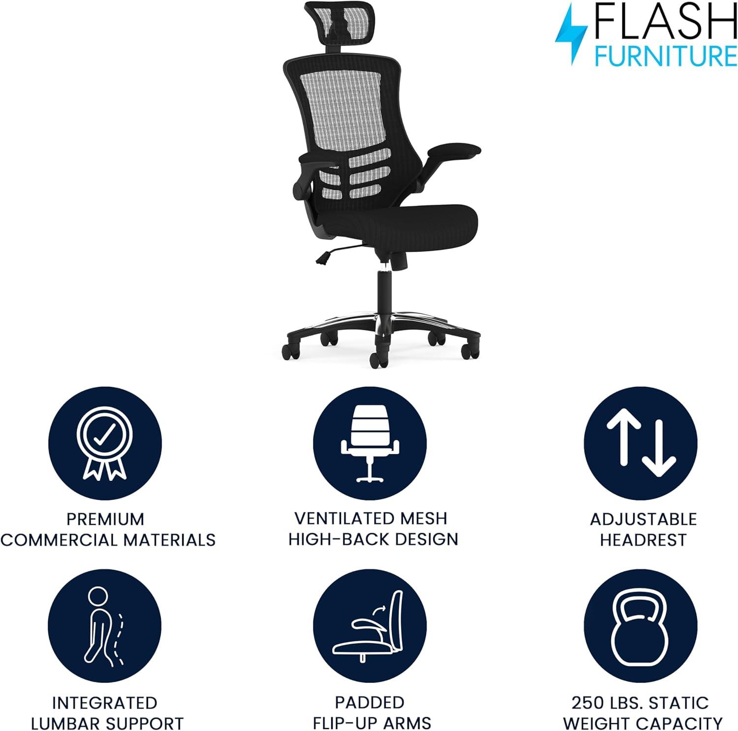 Flash Furniture Kelista High-Back Black Mesh Swivel Ergonomic Executive Office Chair with Flip-Up Arms and Adjustable Headrest