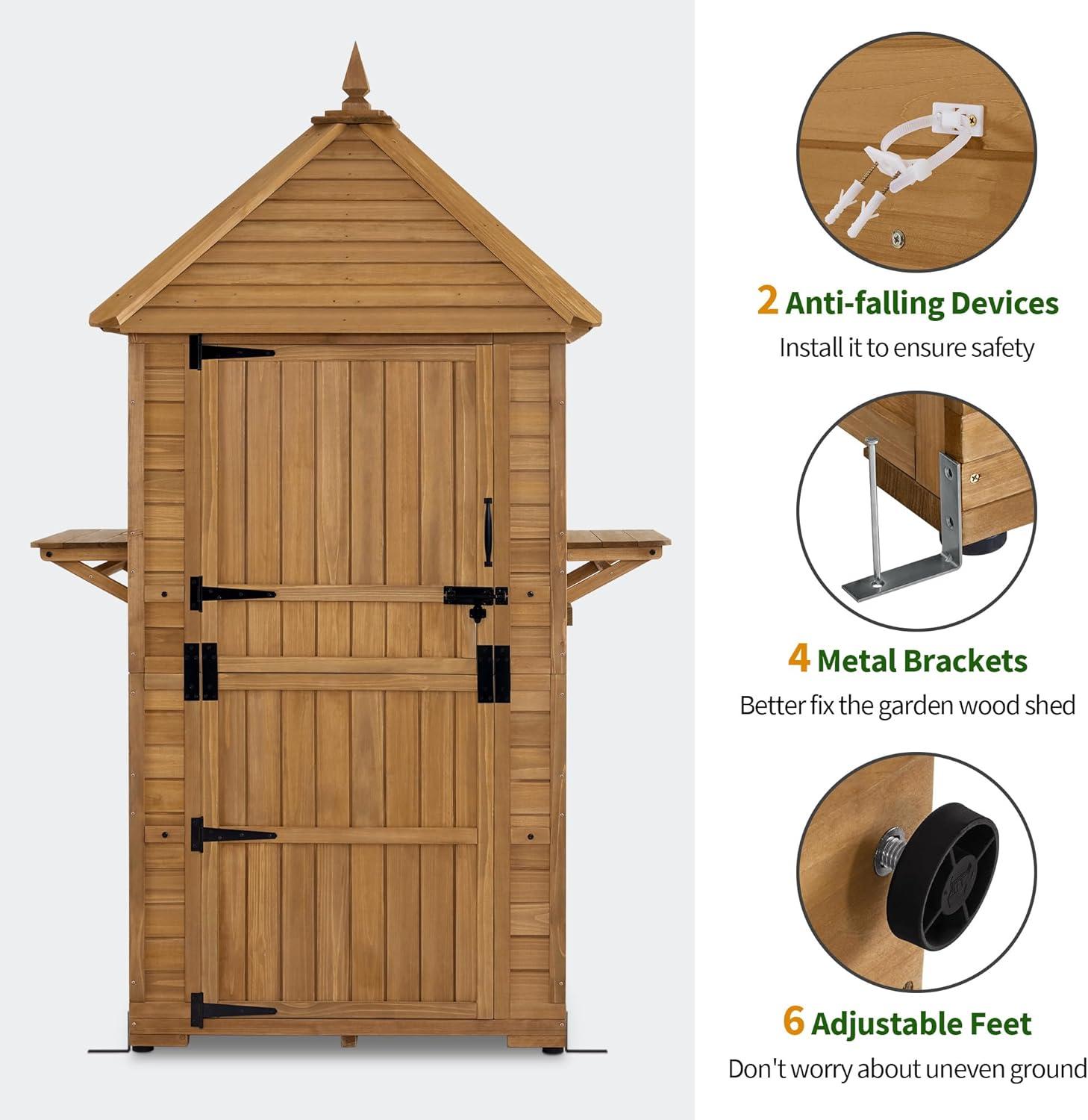 MCombo Large Storage Shed with Lockable Door and 6 Shelves, Outside Tall Tool Wooden Cabinet with Double Foldable Tables for Patio Yard Lawn 2645