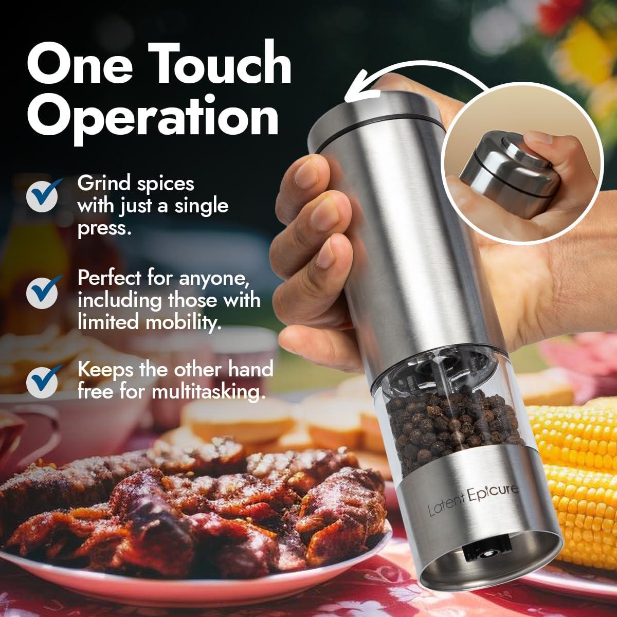 Electric Salt and Pepper Grinder Set - Battery Operated, Stainless Steel Shakers with Adjustable Fine & Coarseness, One Handed Operation, LED Light & Complimentary Mill Rest Tray