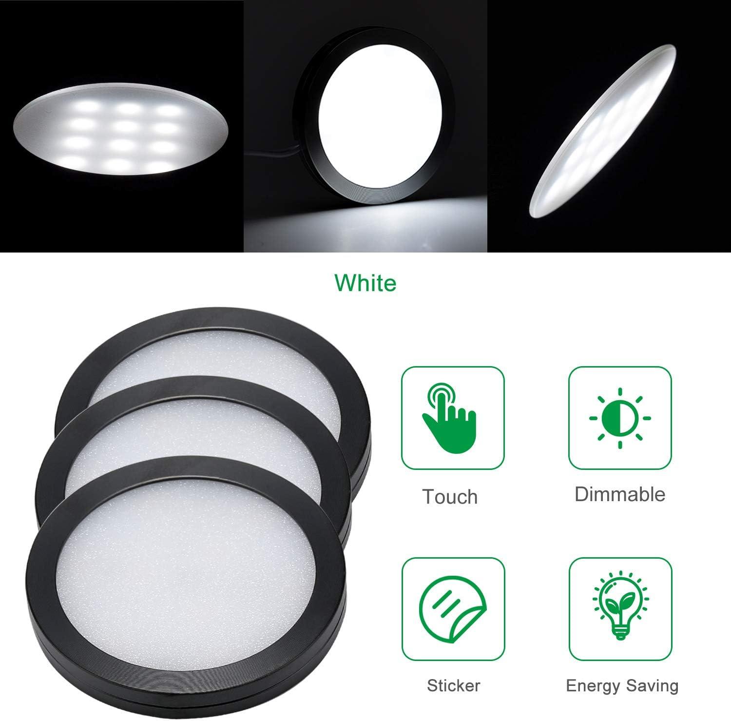 AIBOO LED Under Cabinet Lighting Black Cover Puck Lights Kit with Touch Dimmer Switch (3 Lights,Warm White)