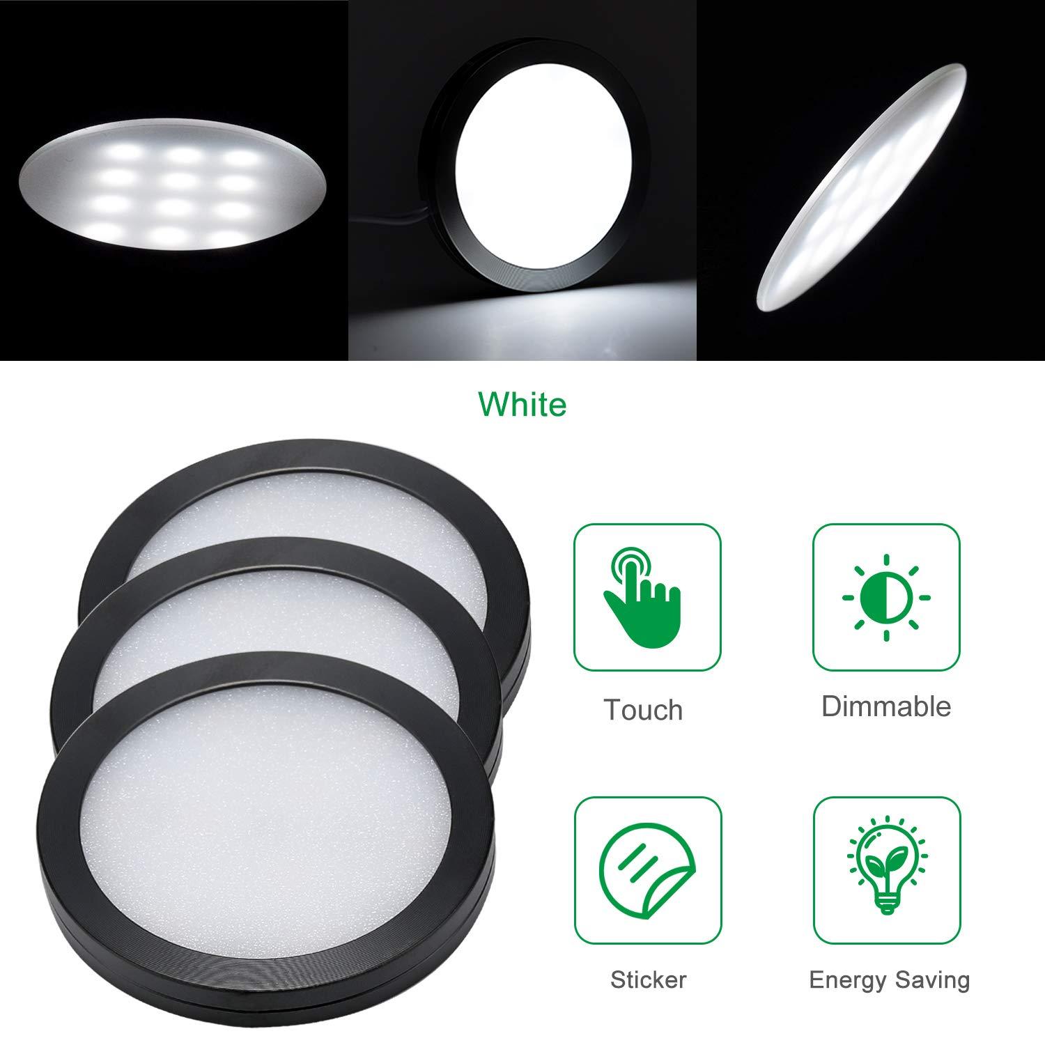 AIBOO LED Under Cabinet Lighting Black Cover Puck Lights Kit with Touch Dimmer Switch (3 Lights,Warm White)