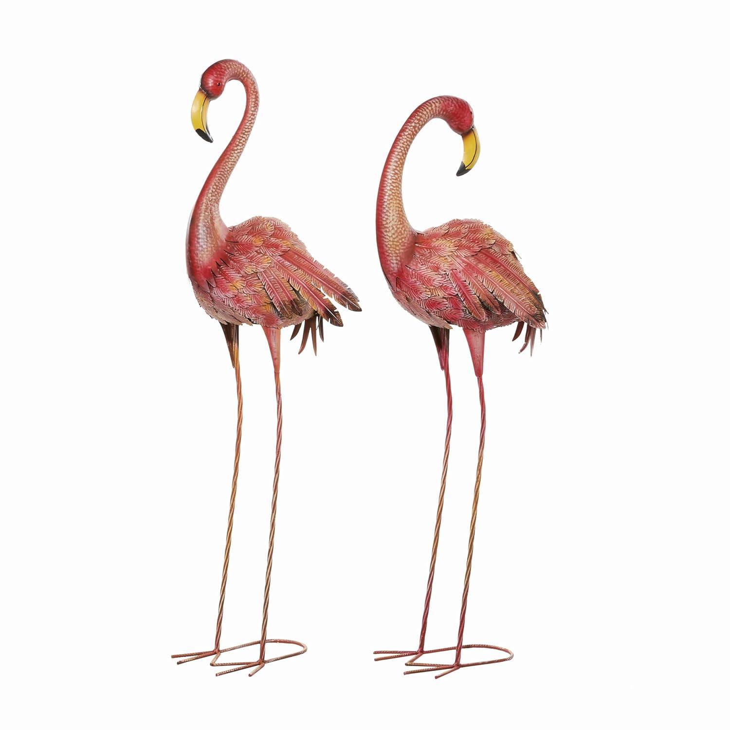 DecMode Coastal Outdoor Metal Standing Pink Flamingo Garden Sculpture, Set of 2 10"W x 38"H