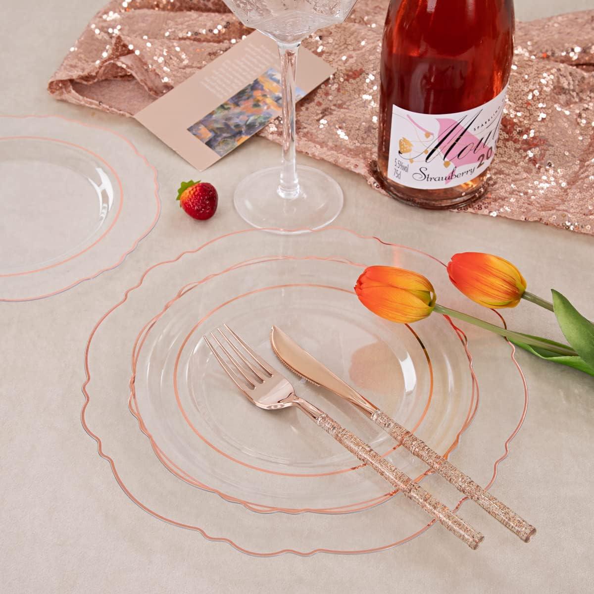 150PCS Rose Gold Plastic Plates - Clear Rose Gold Disposable Plates with Glitter Bamboo Handle Cutlery - 60 Baroque Elegant Plates, 30 Forks, 30 Spoons, 30 Knives for Wedding & party