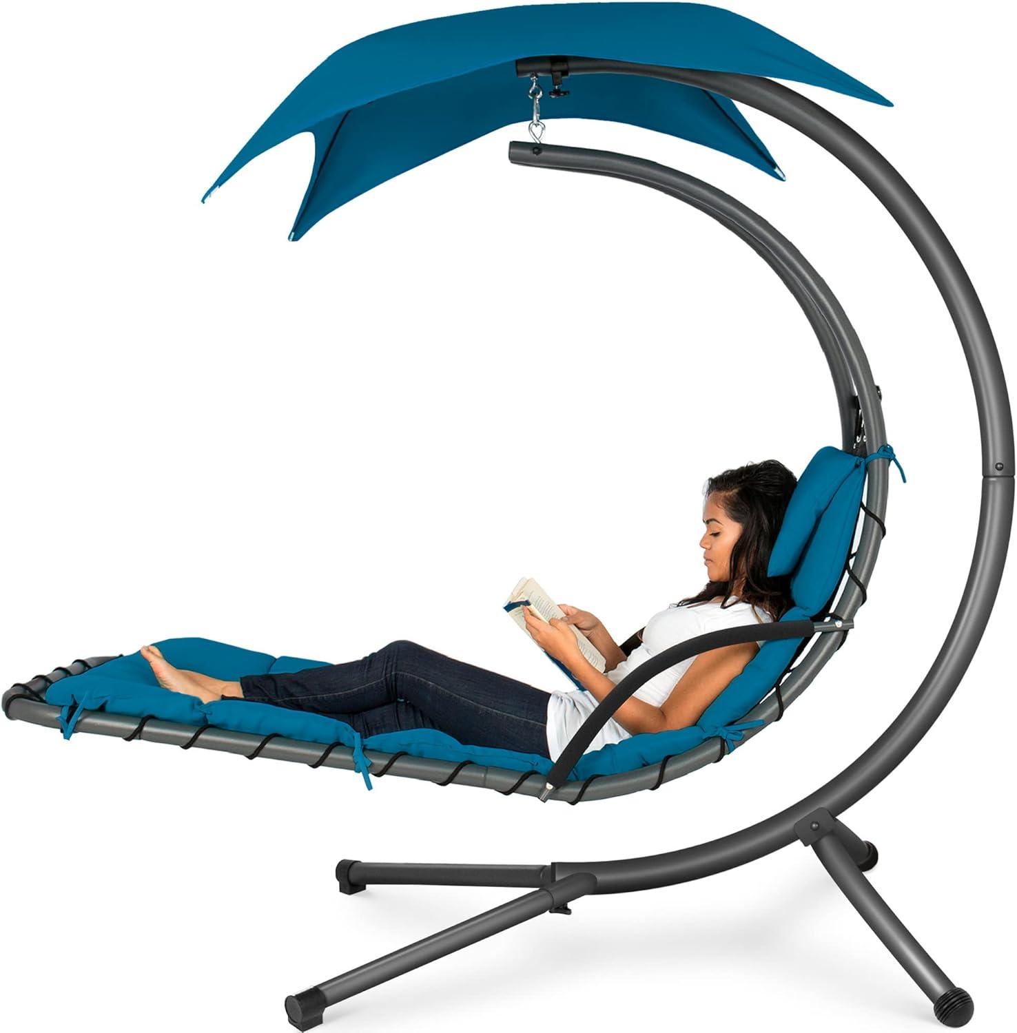 Best Choice Products Hanging Curved Chaise Lounge Chair Swing for Backyard, Patio w/ Pillow, Shade, Stand - Peacock Blue