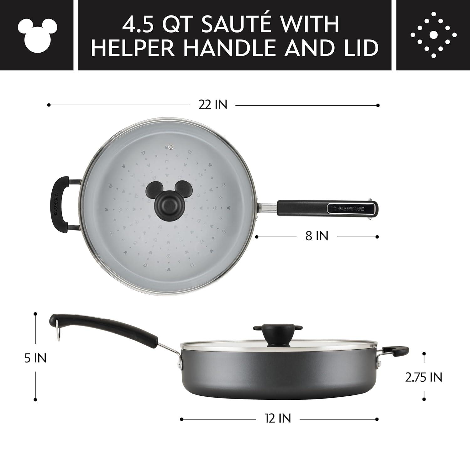 Farberware Farberware Disney Monochrome Ceramic Nonstick Sauté Pan with Lid, 4.5 Quart, Black