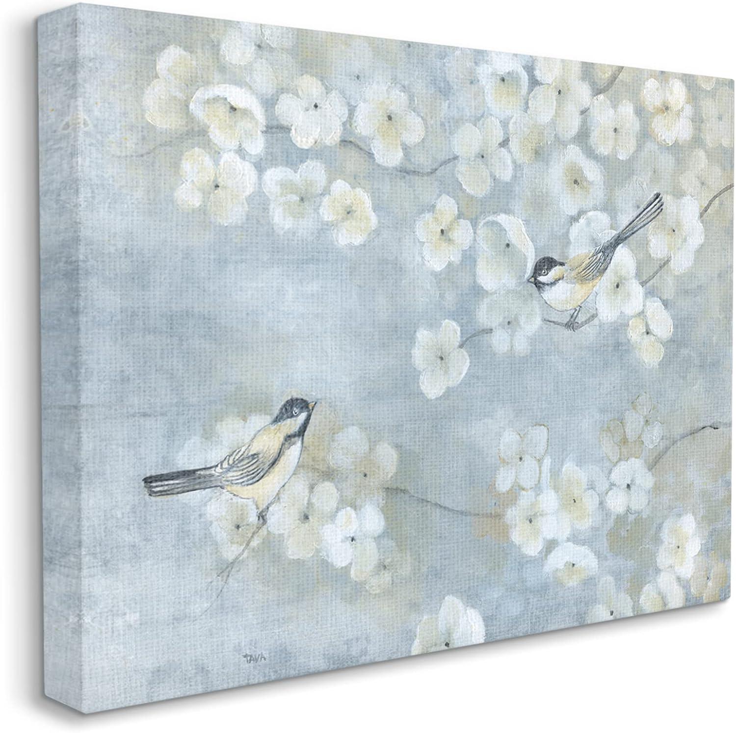 Blue Floral Blossoms and Song Sparrows Canvas Wall Art