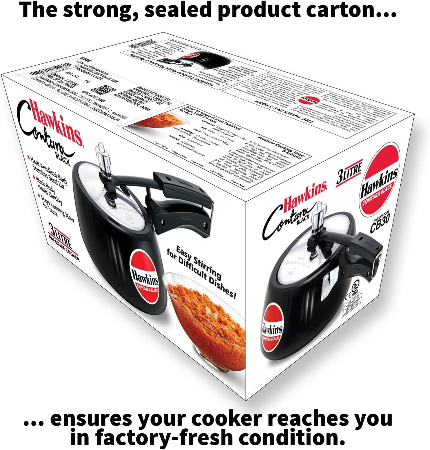 Hawkins 3L Hard Anodized Pressure Cooker: Aluminum, Locking Lid, Cool Touch Handle, Hand Wash, Black