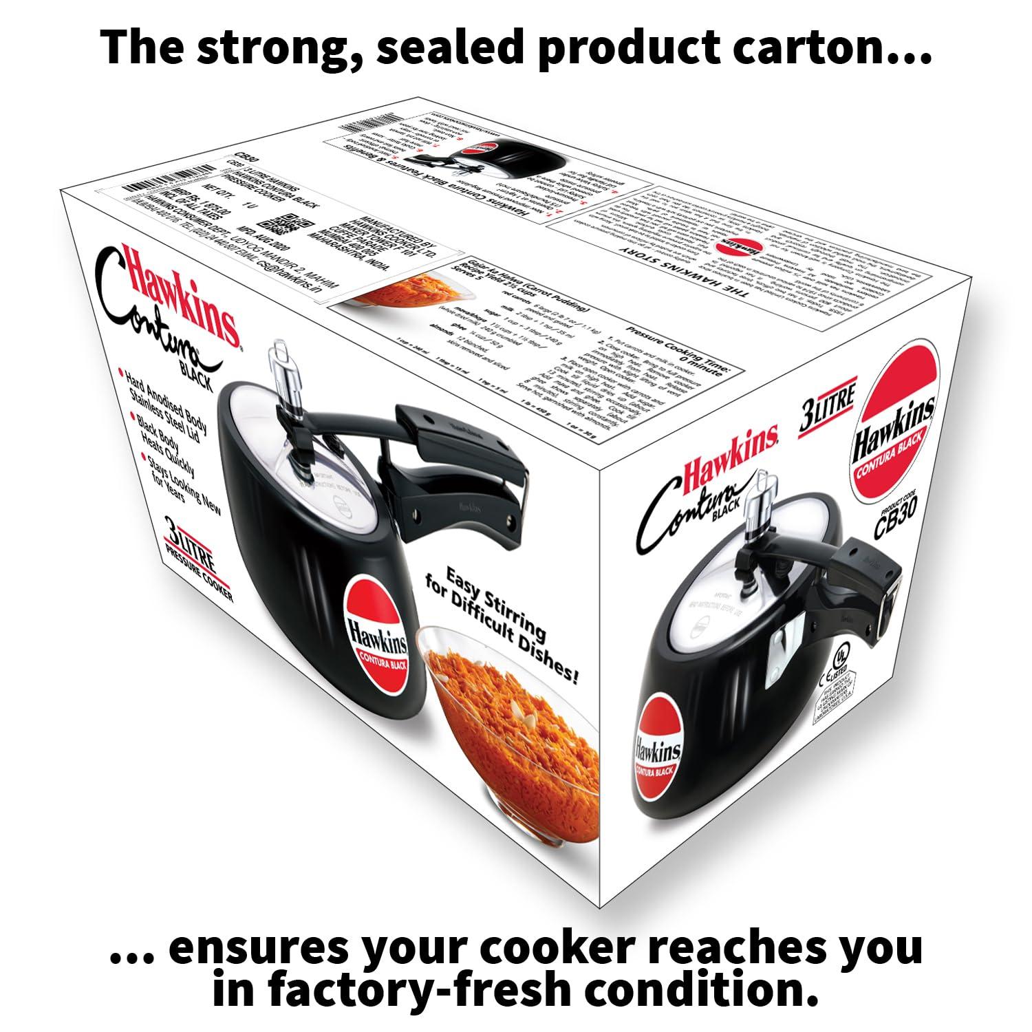 Hawkins 3L Hard Anodized Pressure Cooker: Aluminum, Locking Lid, Cool Touch Handle, Hand Wash, Black