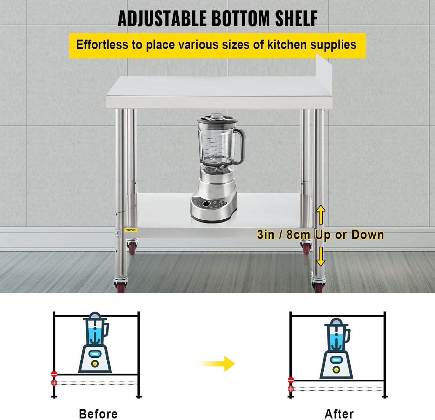 VEVOR 24" Stainless Steel Prep Table with Adjustable Shelf and Casters